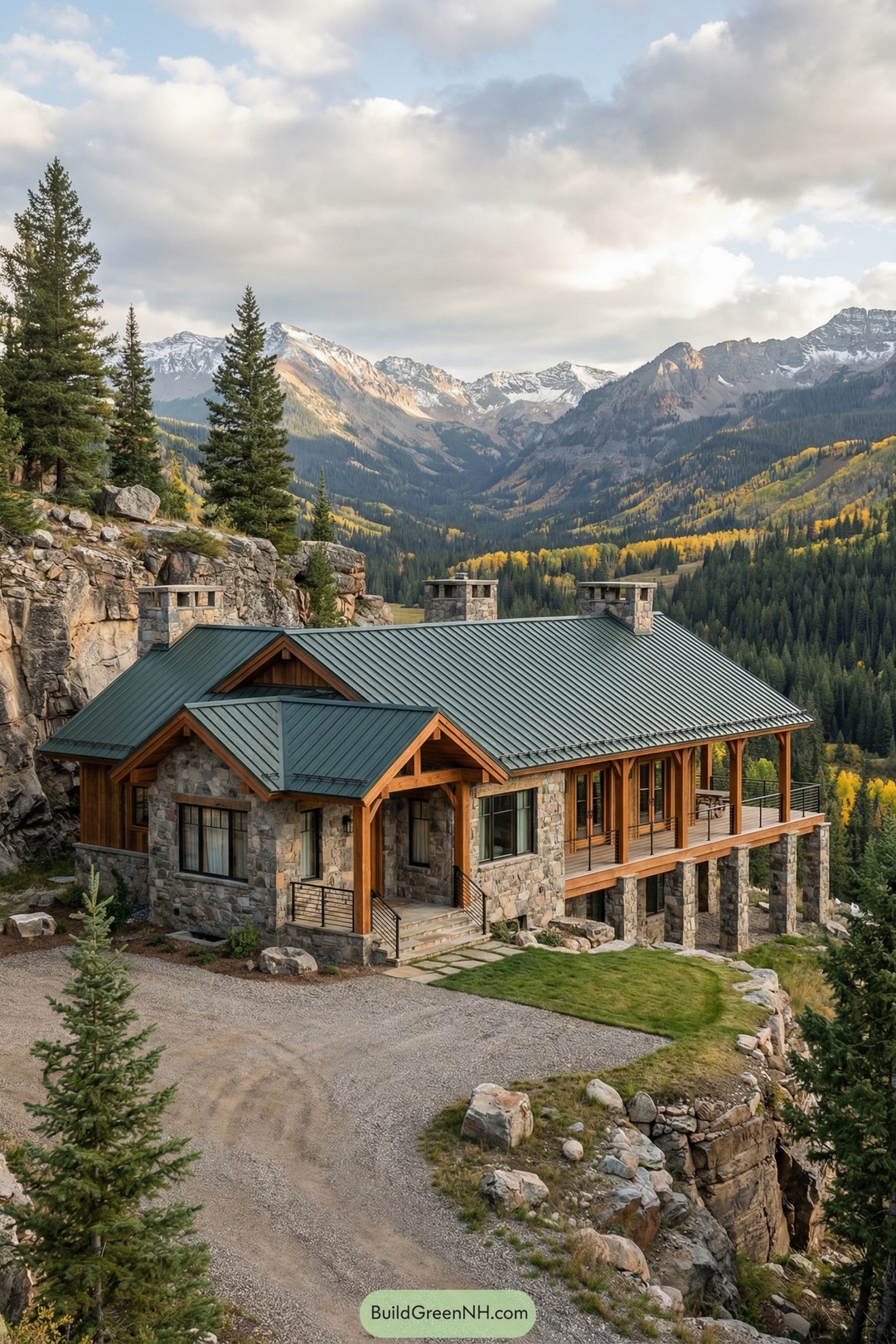 high-res photo of mountain ranch house, facade: rustic lodge-style rectangular ranch partially built into a rocky cliff, stone-clad walls with exposed heavy timber posts and front gable porch, colors: natural gray and brown fieldstone, dark forest-green metal roof, warm medium-stain wood beams, black railings and window trim, shape of the structure: long low one-story volume with walk-out lower level on stone piers facing the valley and a simple side wing extending back into the slope, materials of the building: rough-cut fieldstone masonry, stained timber framing, dark metal railings, clear glass, exposed rock base, roofing: standing-seam metal roof in dark green with moderate pitch, deep eaves, and multiple squared stone chimneys, windows: medium-size rectangular windows with dark frames and subtle divided lights, some paired and evenly spaced along the facade, soft interior curtains visible, doors: glazed wooden doors opening to the porch and balcony, simple dark trim, outdoor structures: elevated covered porch and open balcony along the valley side with slim metal or cable railings, gravel driveway and turning loop in front of the house, small terrace of trimmed grass at the cliff edge, landscaping: scattered tall evergreen trees around the house, natural boulders and exposed cliff faces, minimal formal planting, surrounding environment: expansive alpine valley filled with dense dark-green conifer forest and bands of bright yellow autumn trees, steep rugged rock faces and layered ridges, distant snow-capped peaks under a partly cloudy sky, setting and scene: ground-level viewpoint across the valley, soft directional light breaking through clouds and illuminating parts of the mountains, creating a dramatic yet serene, picture-worthy atmosphere. real-life photo, high-resolution, architectural photography, soft lighting, cinematic composition