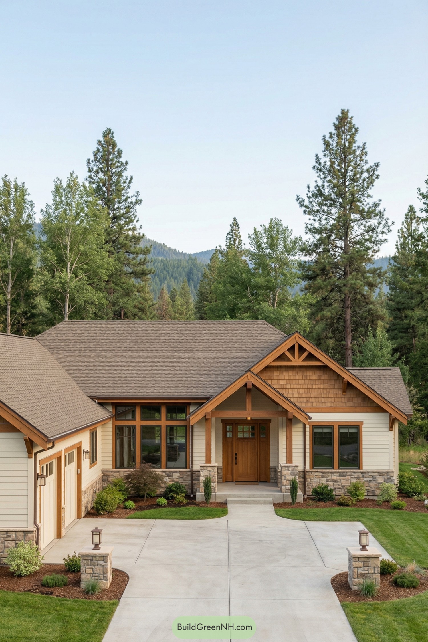 Single-story craftsman ranch house with wood and stone accents in a forested mountain setting