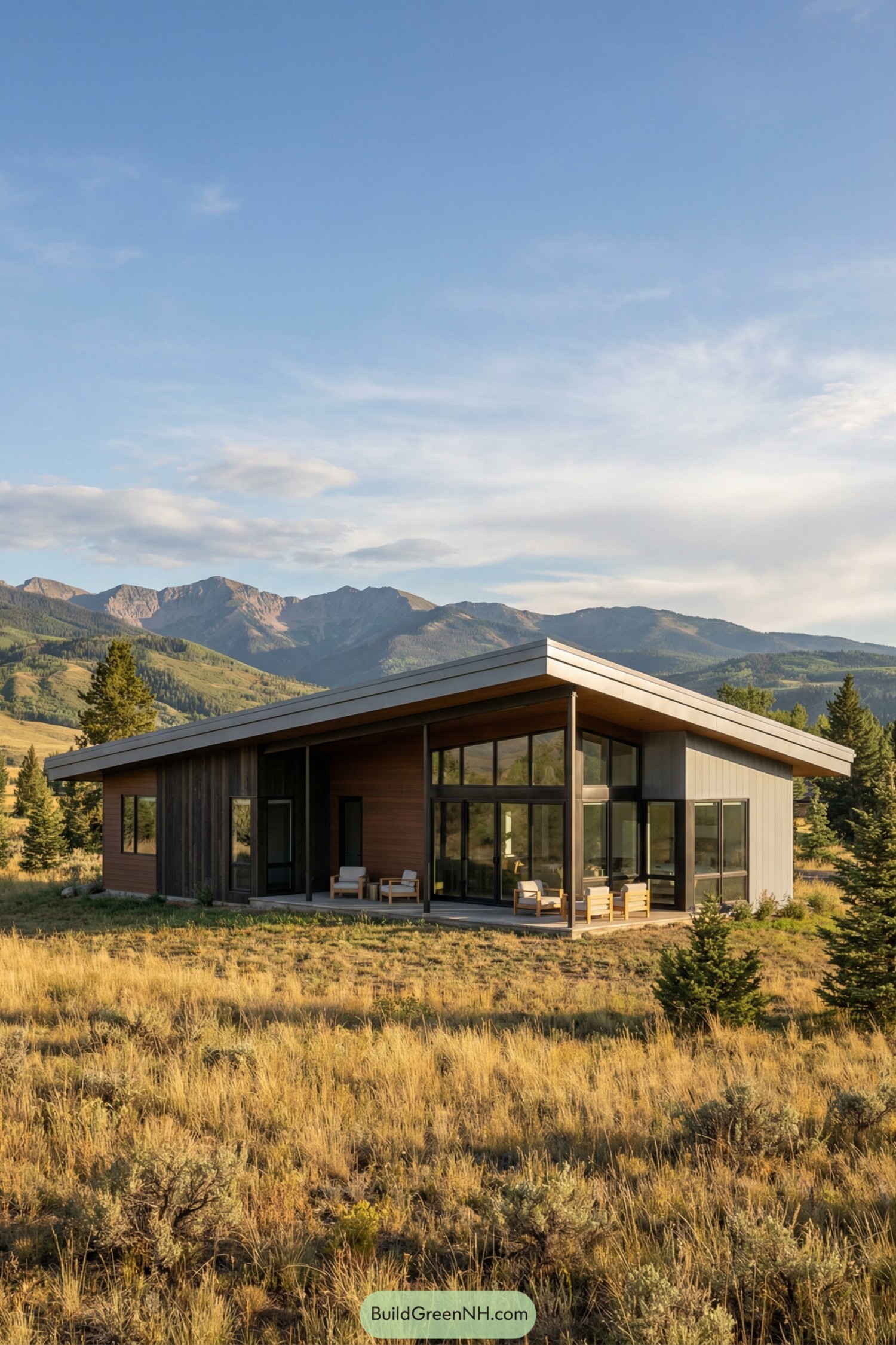 Modern single-story ranch house with shed roof, large glass walls, and wood-and-metal siding set in an open mountain meadow