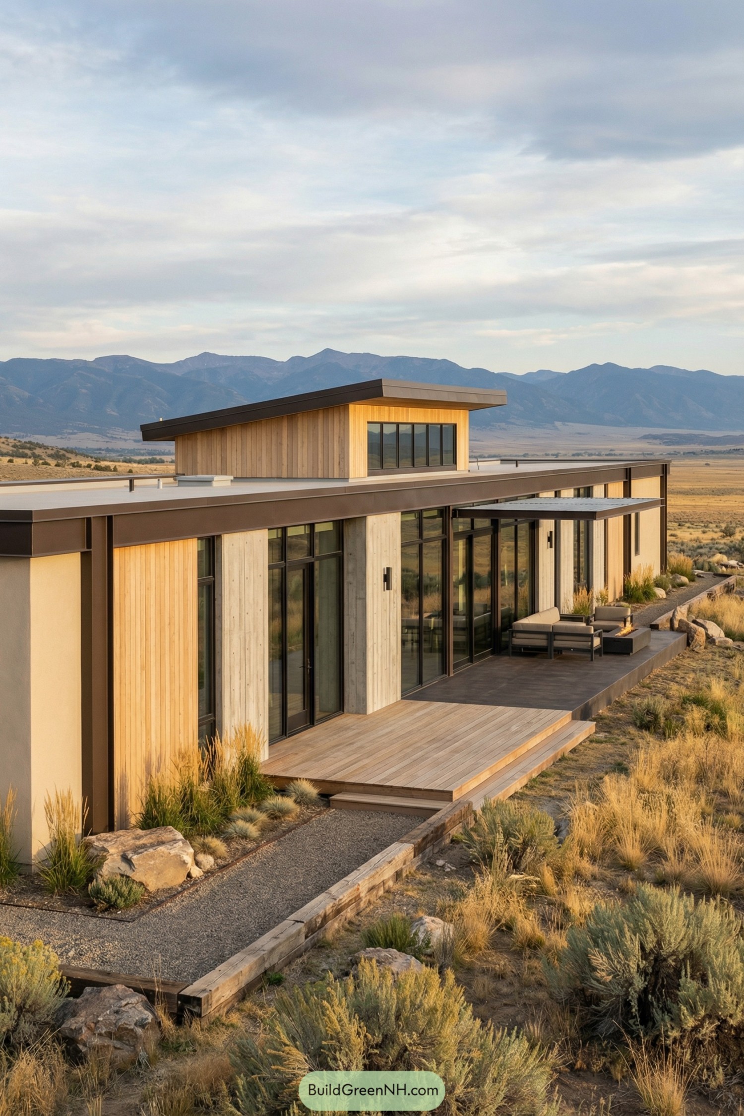 Modern single-story ranch house with long rectangular form, large windows, and wood-clad walls set in an open mountain plain