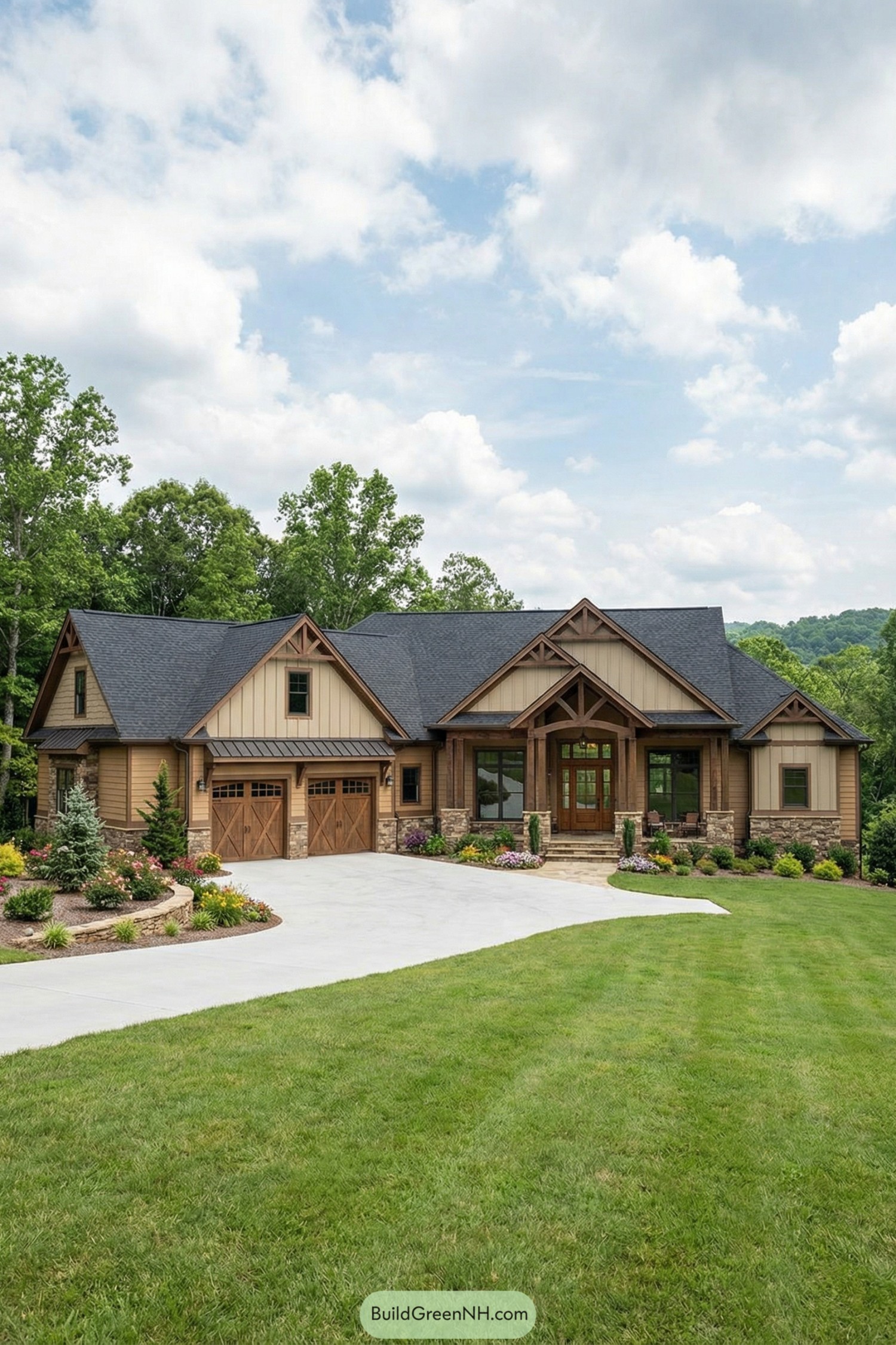 Warm-toned mountain ranch house with timber and stone facade, front porch, and landscaped yard