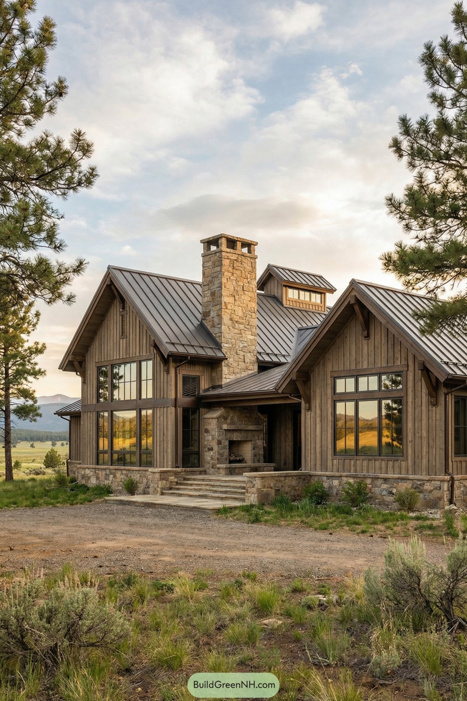 Warm wood and stone mountain ranch house with metal roof and outdoor fireplace