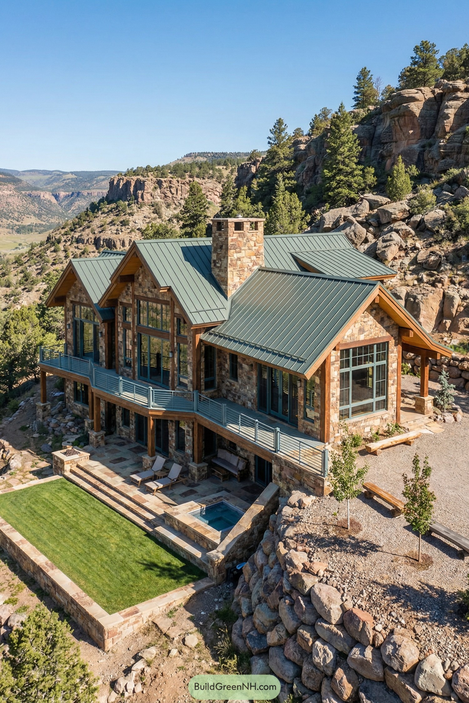 Stone and timber mountain ranch home with green metal roof overlooking rocky canyon and forested slopes