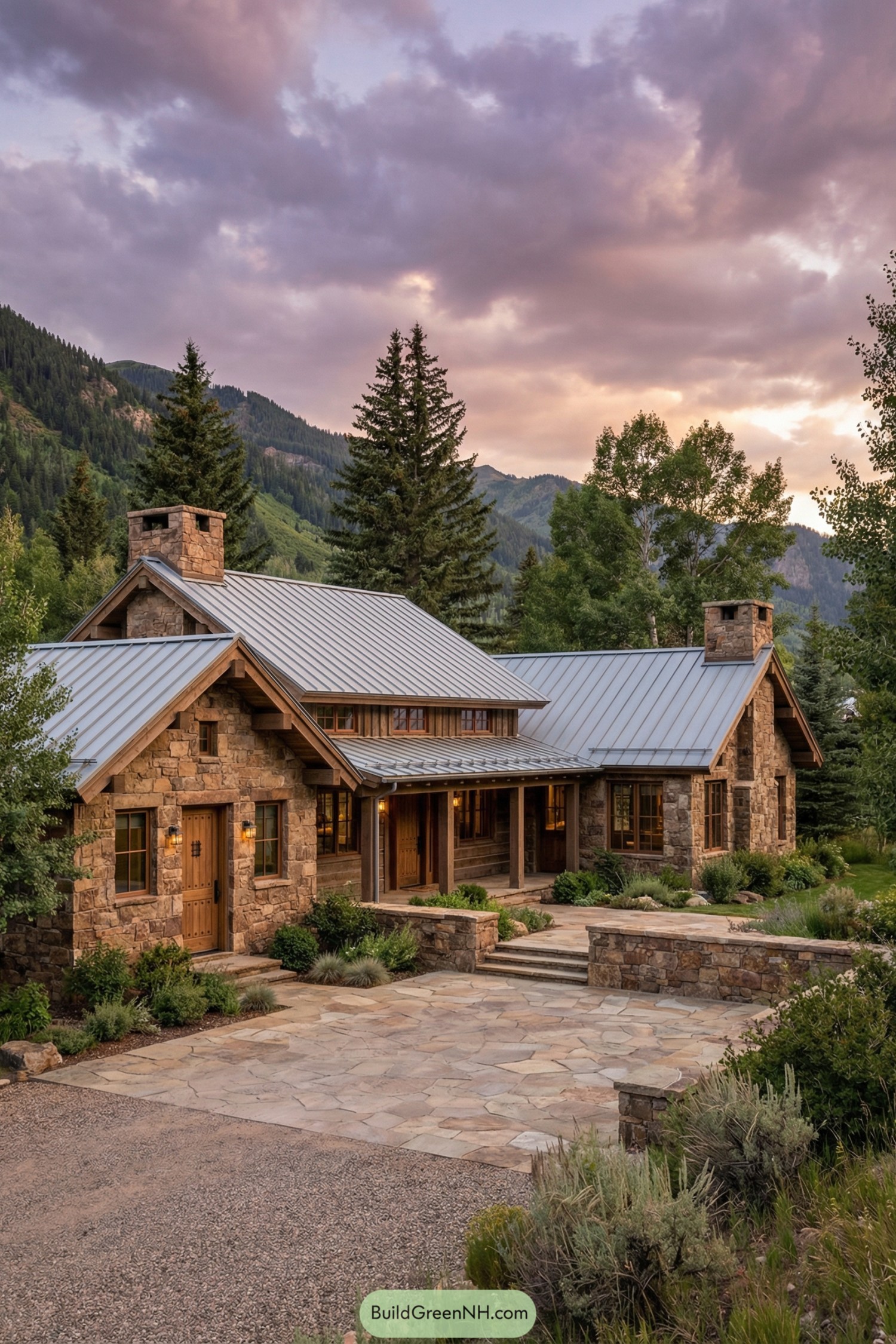Stone ranch house with metal roof in forested mountain setting