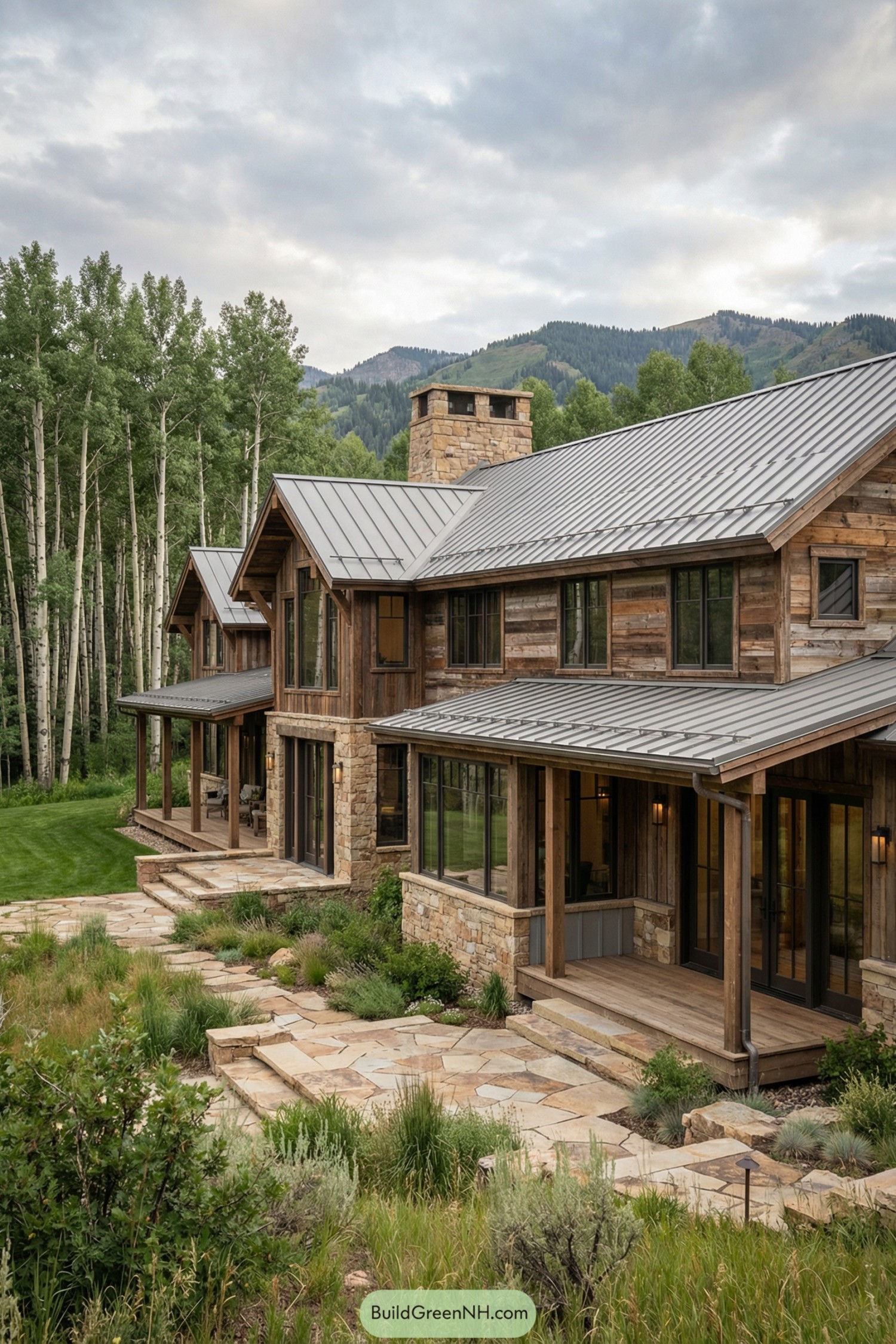 Rustic mountain ranch house with metal roof, stone base, and large windows set in a forested landscape