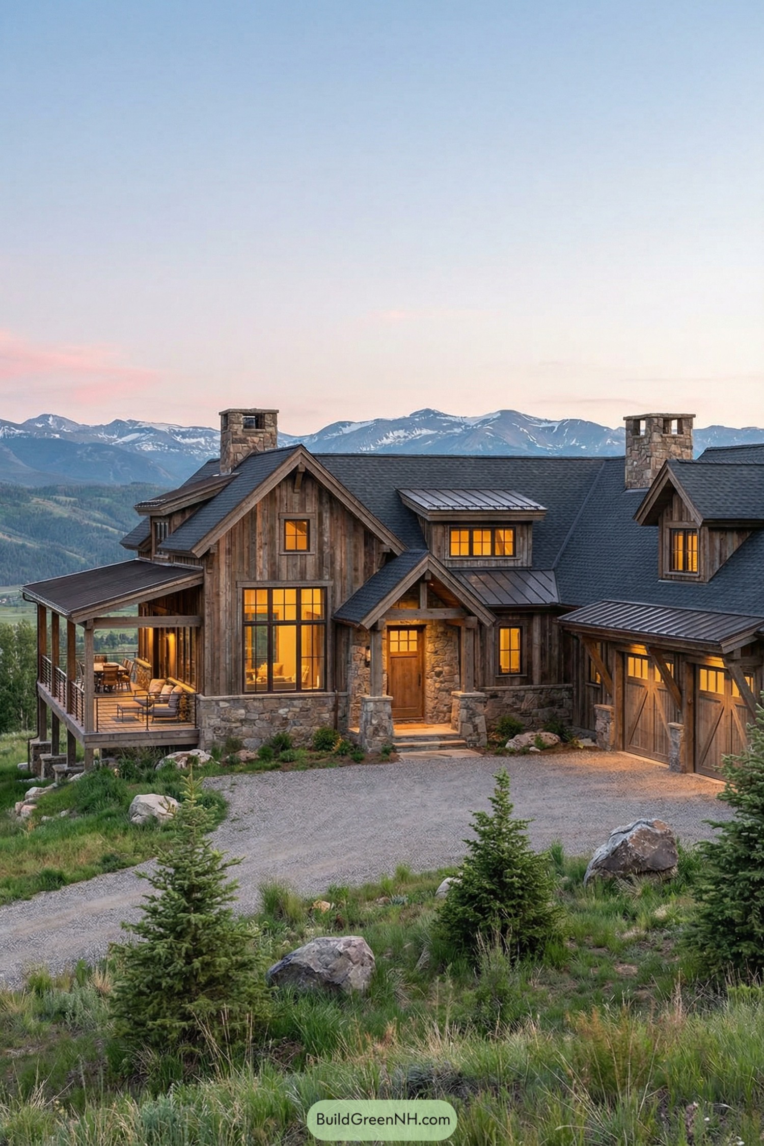 Rustic mountain ranch home with wood siding stone accents and a wraparound porch at sunset