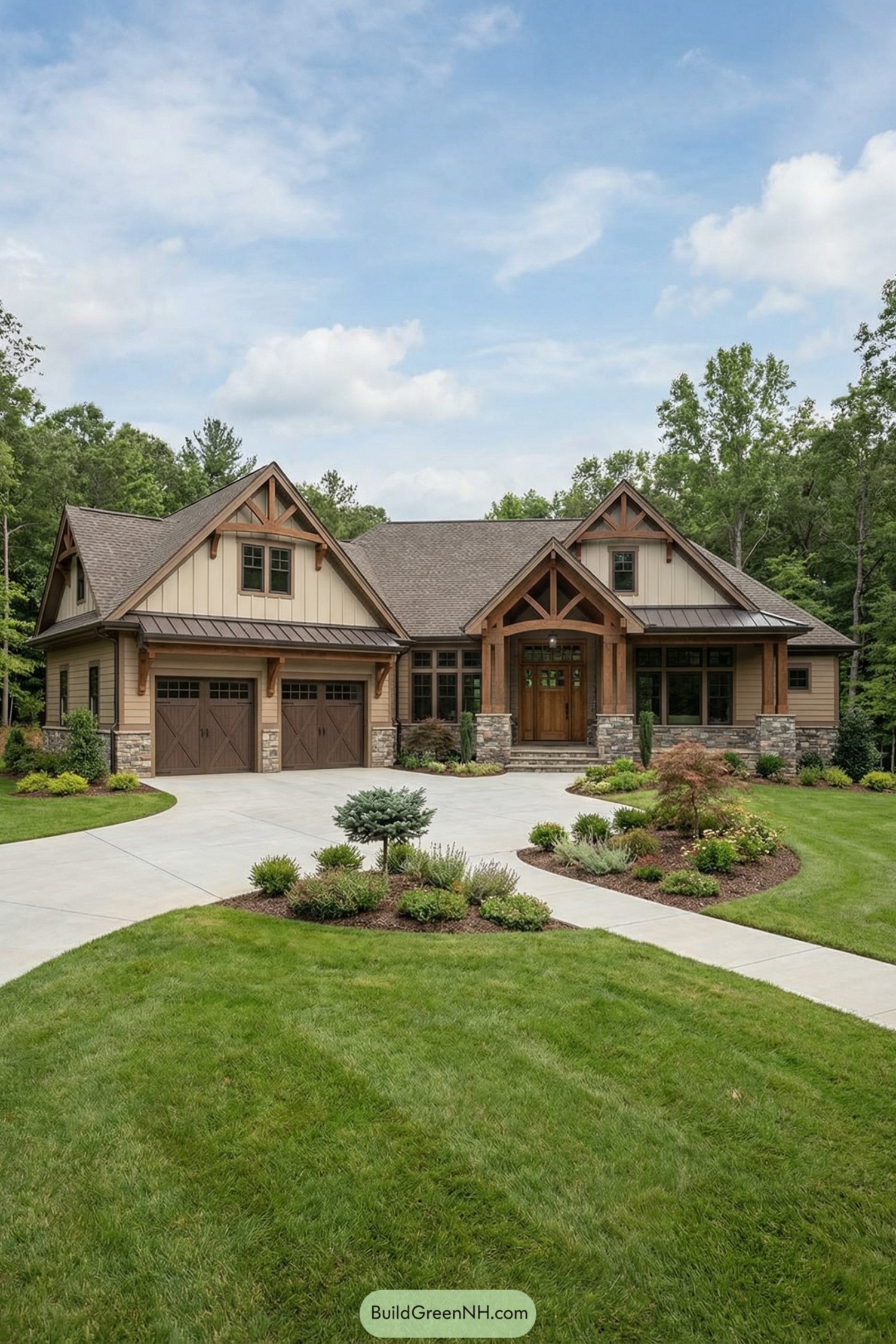 Craftsman-style mountain ranch home with timber accents, stone base, and manicured front yard