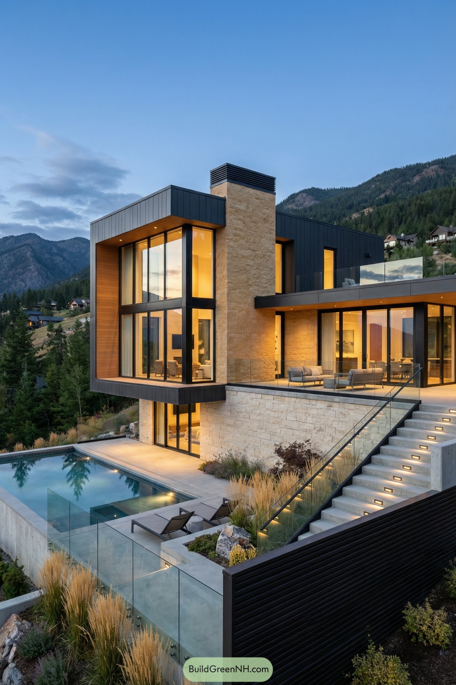 Modern hillside home with pool at dusk