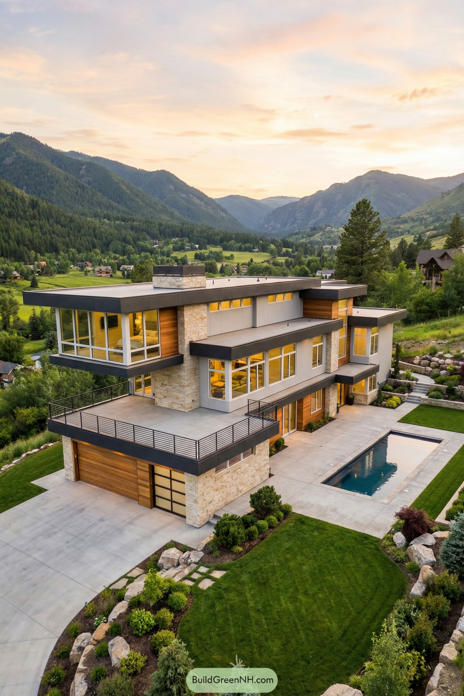 Modern three story house with terraces and pool in a green mountain valley