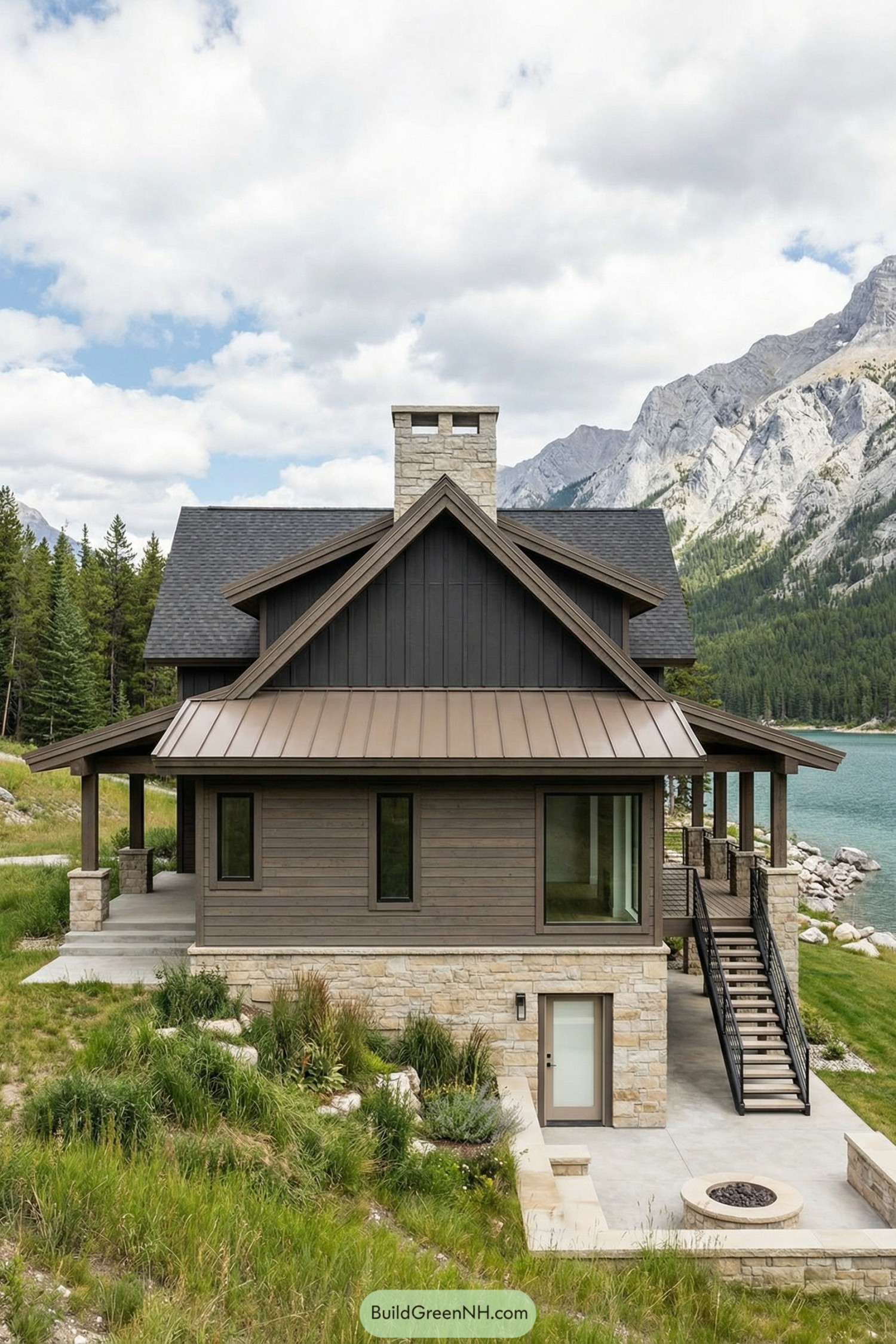 Modern lakeside mountain house with layered gable roofs, stone base, and wraparound porch facing a turquoise lake