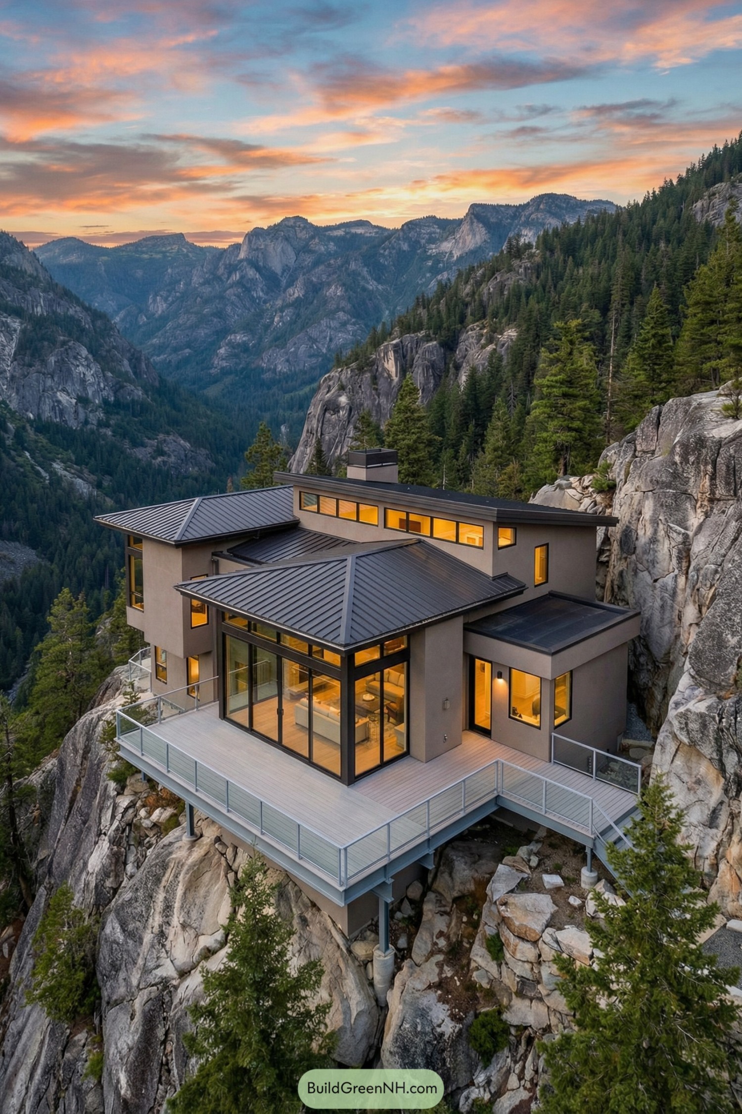 high-res photo of mountain view house, elevated aerial exterior view, contemporary mountain-cliff residence with multi-level angular facade stepping down the rock face, neutral taupe stucco walls combined with large floor-to-ceiling glass panels and slim dark metal framing, asymmetrical stacked volumes with sharp clean lines projecting over a vertical rock cliff, structure anchored directly into rugged granite boulders. muted earthy color palette with taupe, gray, and dark bronze tones contrasting warm interior lighting, rectangular massing with several interlocking flat and low-hipped roof plates creating a tiered silhouette. exterior materials include smooth stucco, exposed structural steel beams under the deck, glass guardrails, and natural rock outcrops forming the base, subtle metal trim at edges. roofing in dark charcoal shingles or panels, multiple low-pitched hips and sheds with short overhangs, crisp modern eaves. extensive windows in various rectangular sizes, dominant full-height glass walls on the main level facing the valley, clerestory windows on upper volumes, slim dark frames, some corner glazing emphasizing panoramic views. doors as large sliding glass panels opening to the deck, framed in dark metal, simple modern style with expansive transparent surfaces, minimal visible hardware. outdoor area featuring a cantilevered terrace deck wrapping around the main facade, light gray decking, metal and cable railing system, small built-in seating areas, subtle downlighting under rooflines and deck edges. minimal formal landscaping, natural integration with dense evergreen forest, rocky outcrops, and steep terrain, a few shrubs and small trees growing in crevices around the structure. surrounding background of dramatic pine-covered mountains, deep valley below, layered distant peaks fading into haze, dramatic sunset sky with warm orange and pink clouds above cool blue horizon, overall scene perched dramatically above a forested mountainside with expansive panoramic views. real-life photo, high-resolution, architectural photography, soft lighting, cinematic composition.