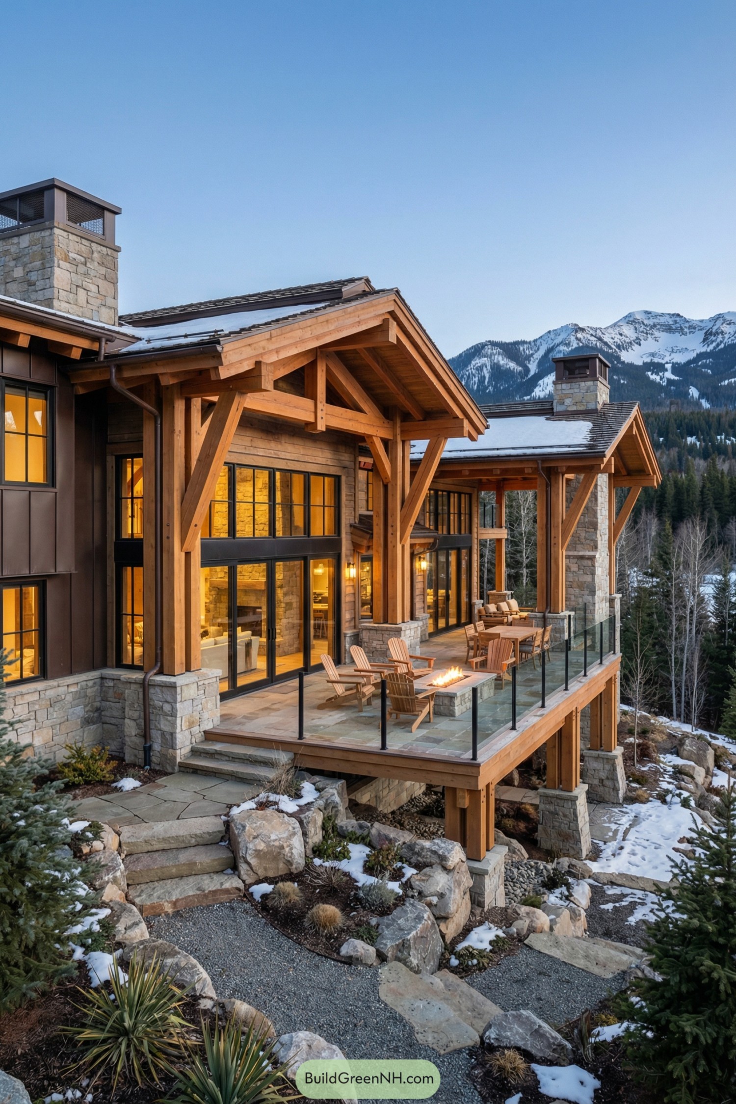 Warm timber mountain house with elevated terrace