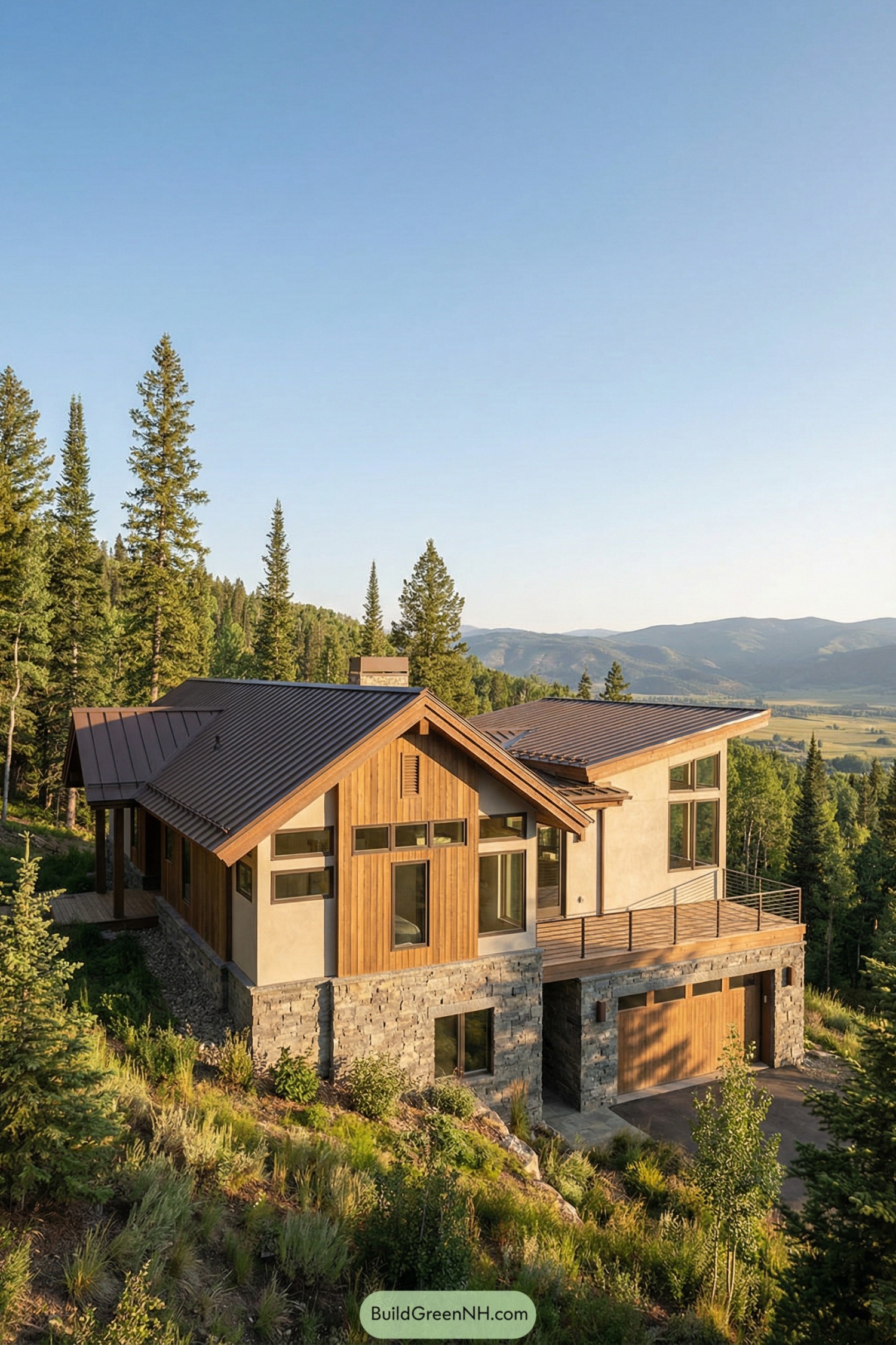 Mountain house with wood stone exterior and large terrace overlooking a forested valley