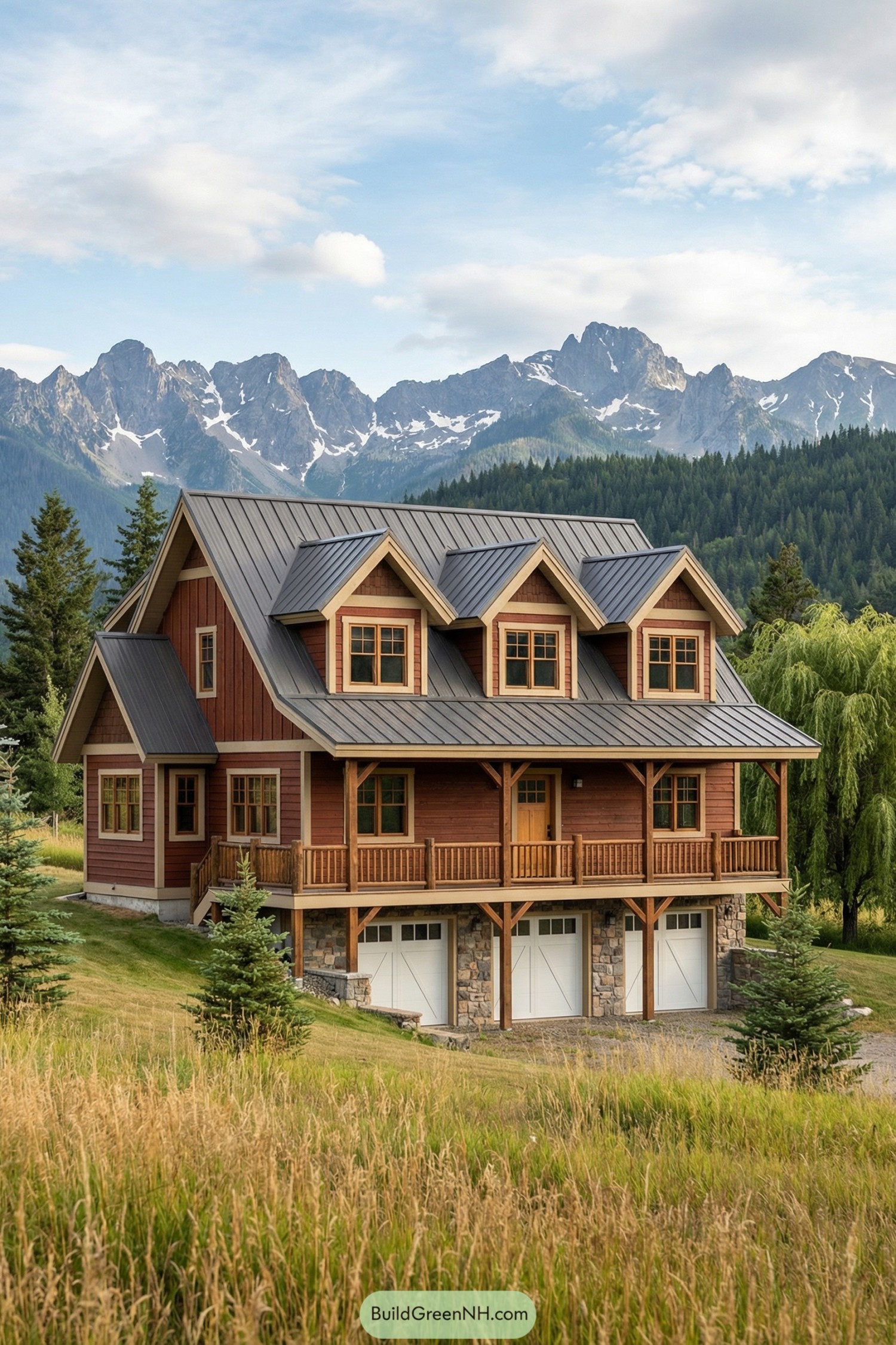 Warm red mountain house with metal gable roof, wraparound porch, and stone-clad garage level set against jagged snowy peaks