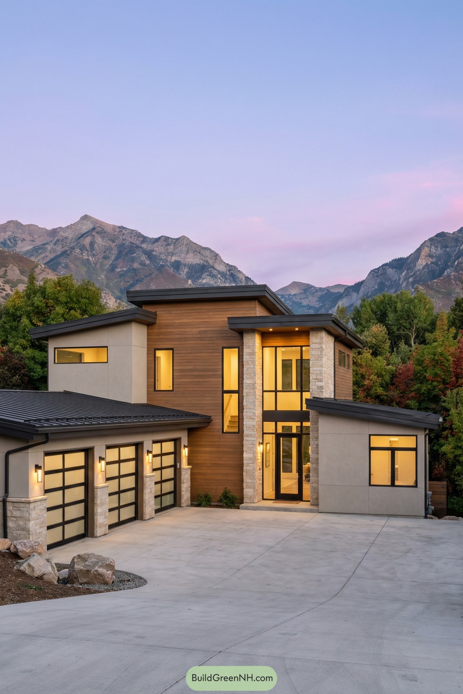 Modern mountain house with flat roofs large windows and mixed wood stone facade
