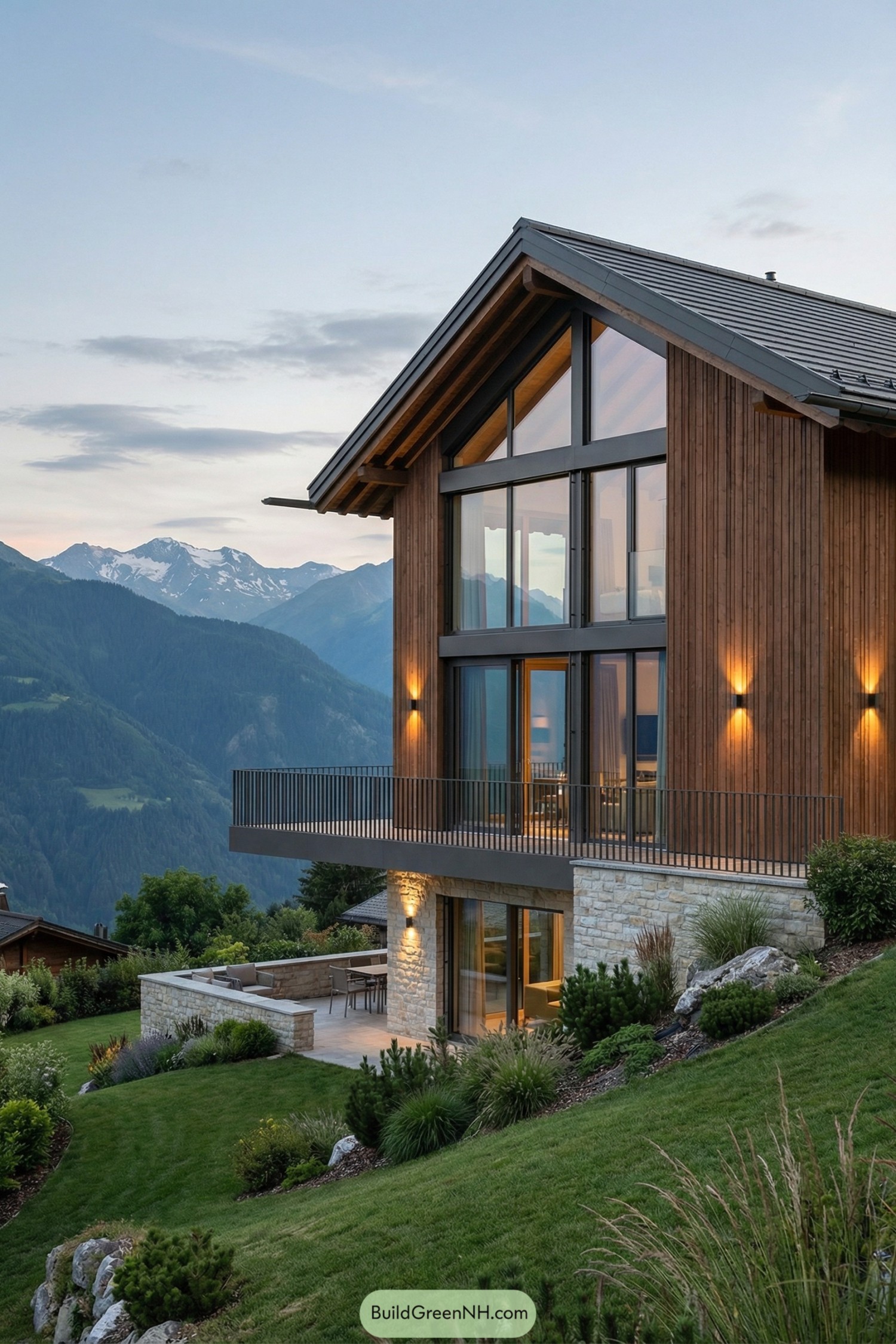 Modern timber and glass mountain house with terrace overlooking distant snow-capped peaks