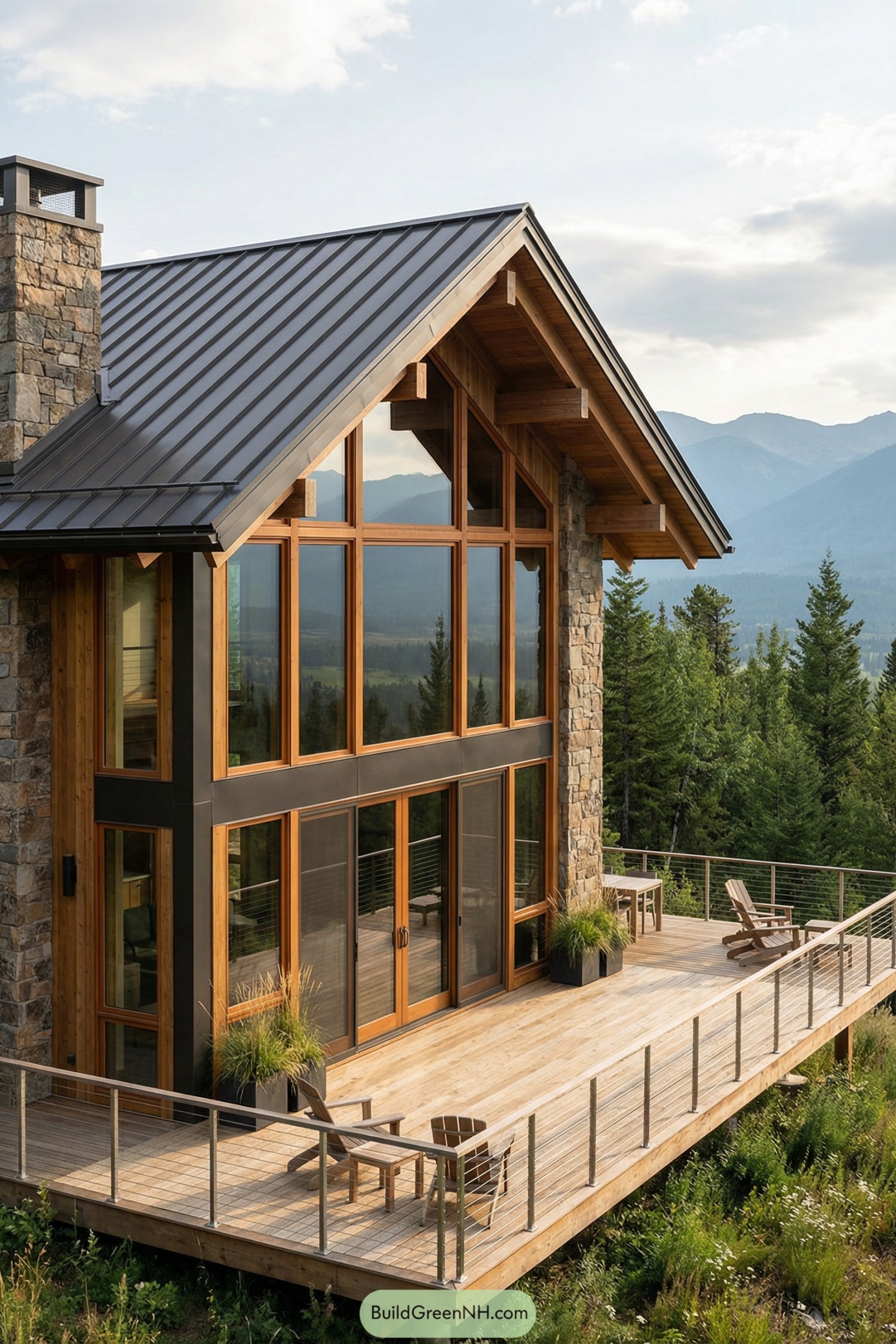 Modern timber-and-stone mountain house with large glass facade and wraparound deck overlooking forested valley