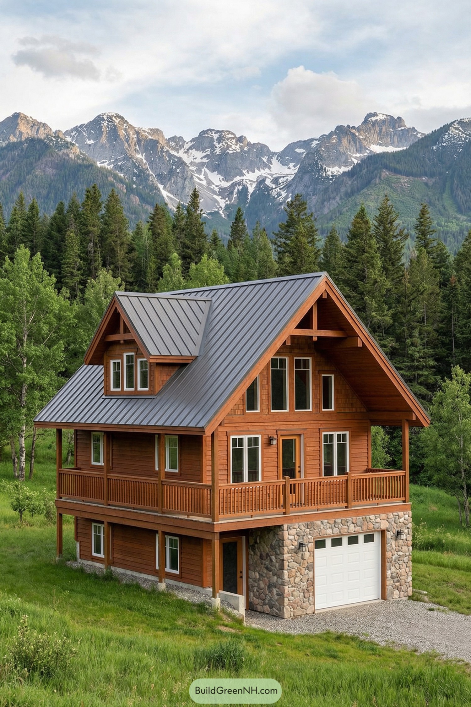 Warm wood mountain house with stone base and metal roof