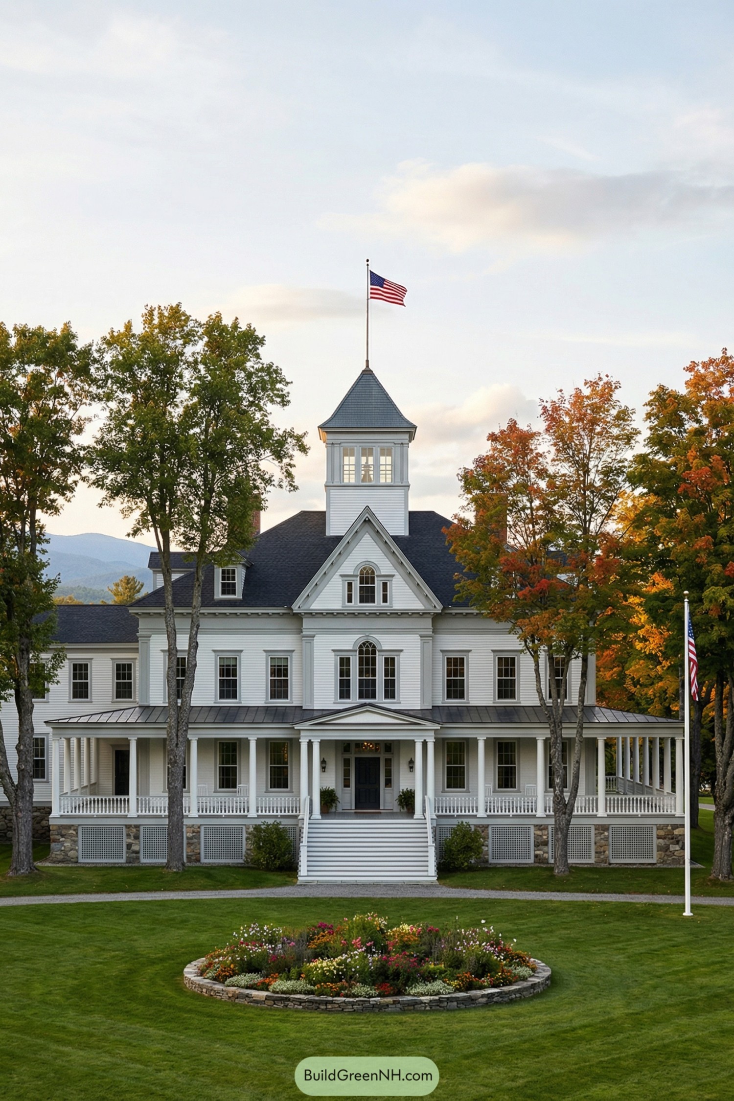 Large white colonial-style home with central tower, wraparound porch, and manicured lawn framed by trees