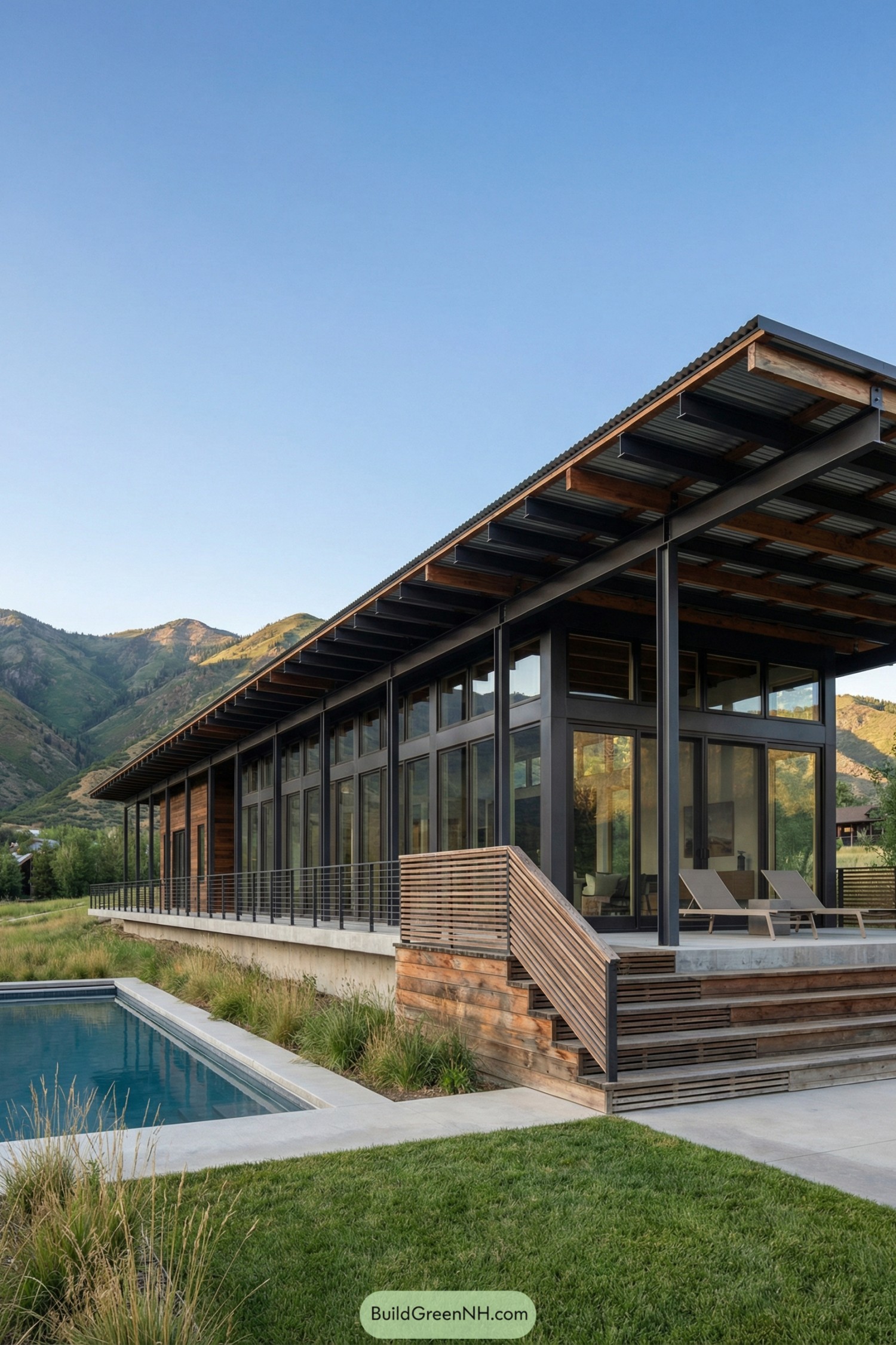 Modern glass-and-wood mountain house beside pool
