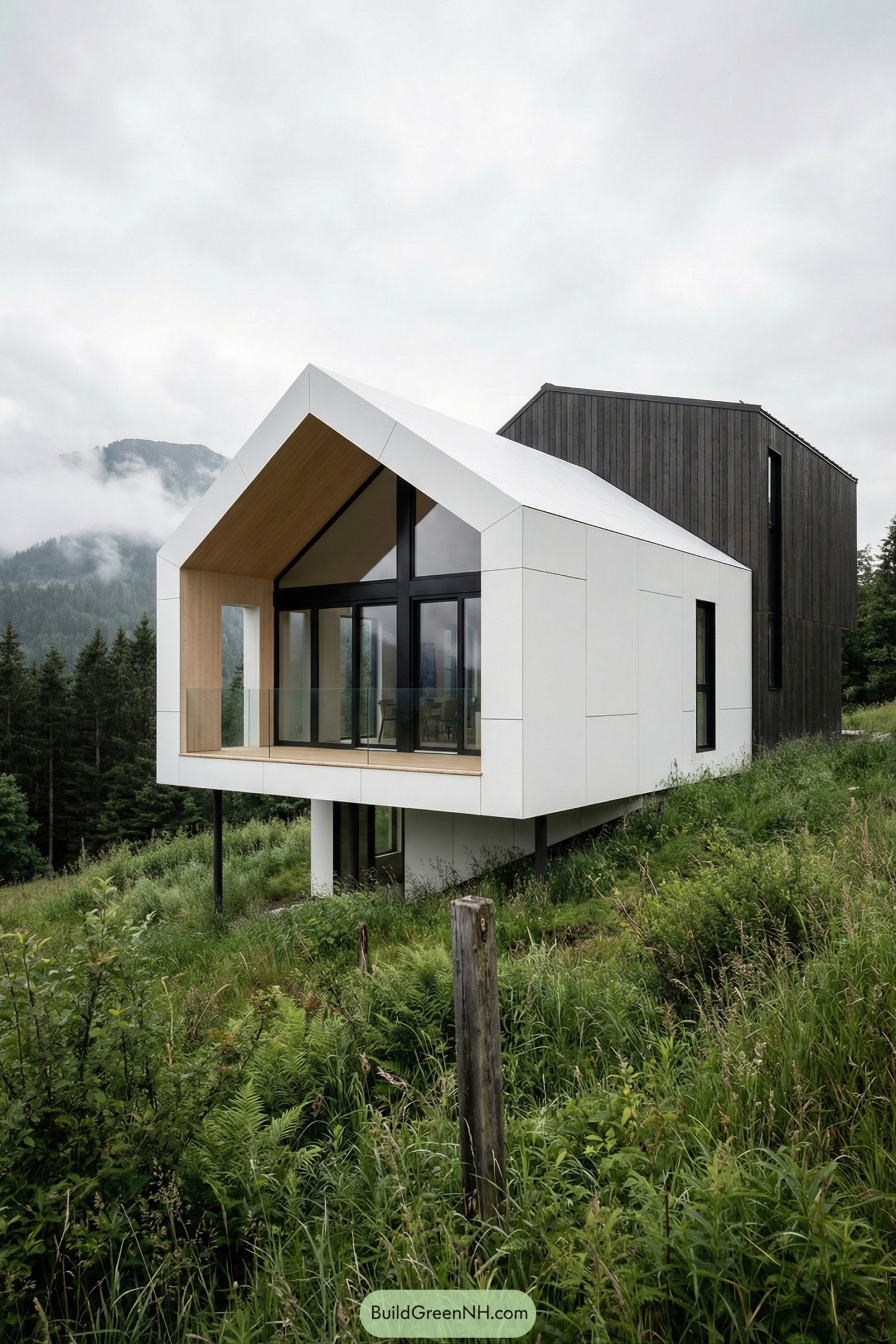 Modern mountainside house with white gabled volume, glass-fronted balcony, and dark timber rear wing above lush greenery