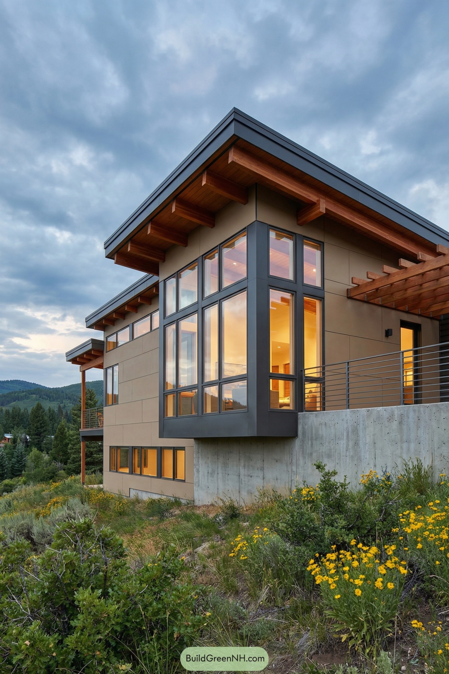 Modern mountainside home with large corner windows and wood-accented overhangs
