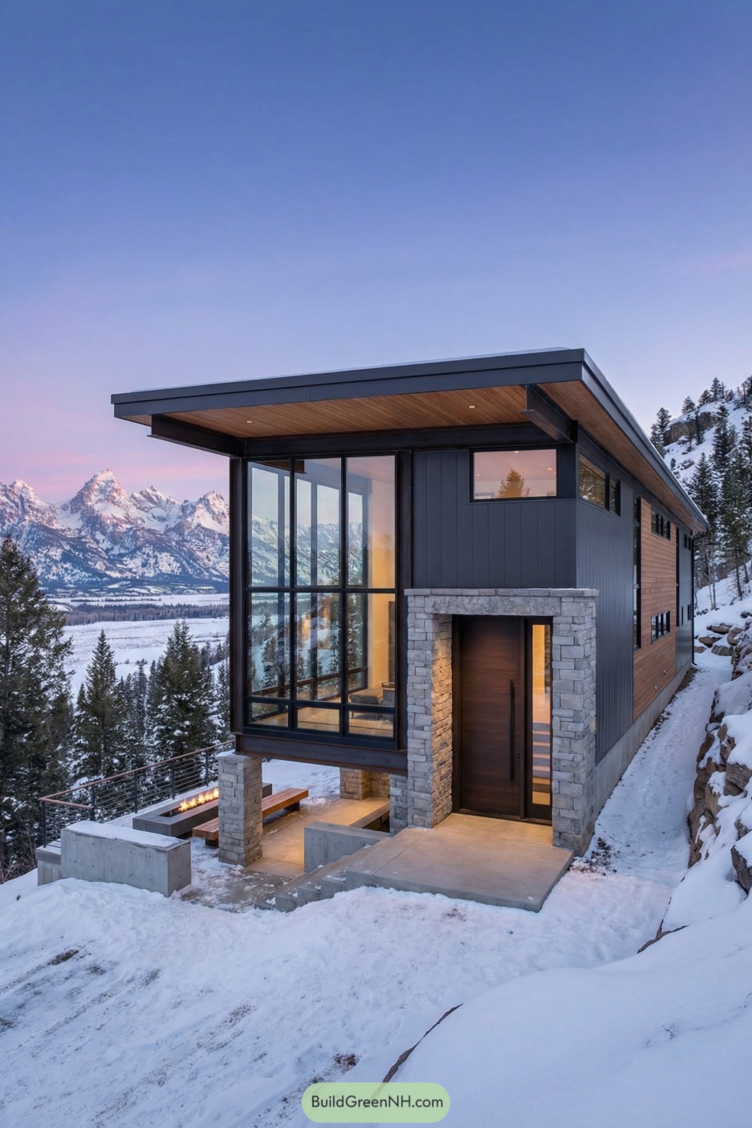 Modern hillside house with tall glass façade overlooking snowy mountains and forest