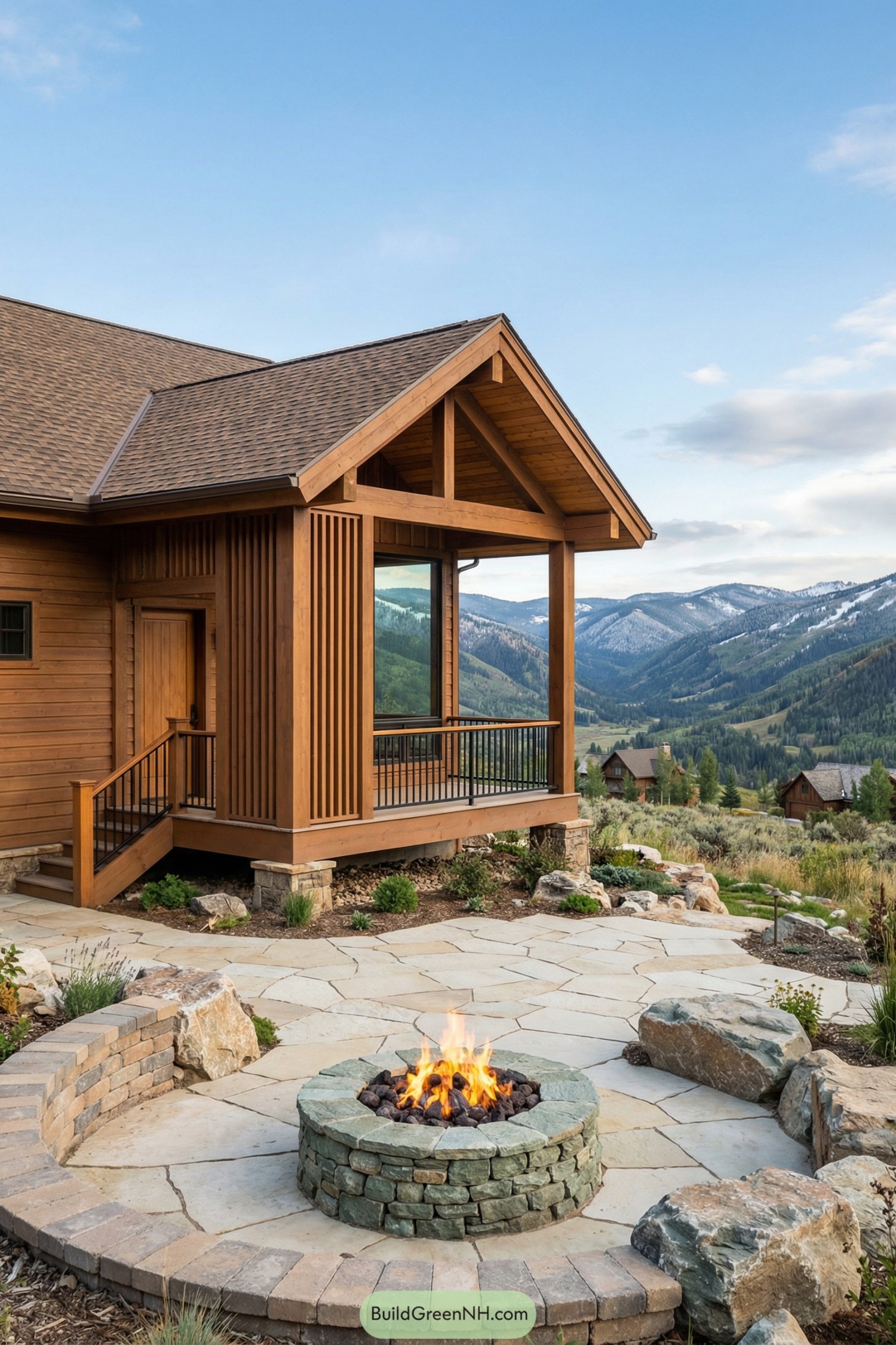 Wood porch mountain home with stone firepit and valley views