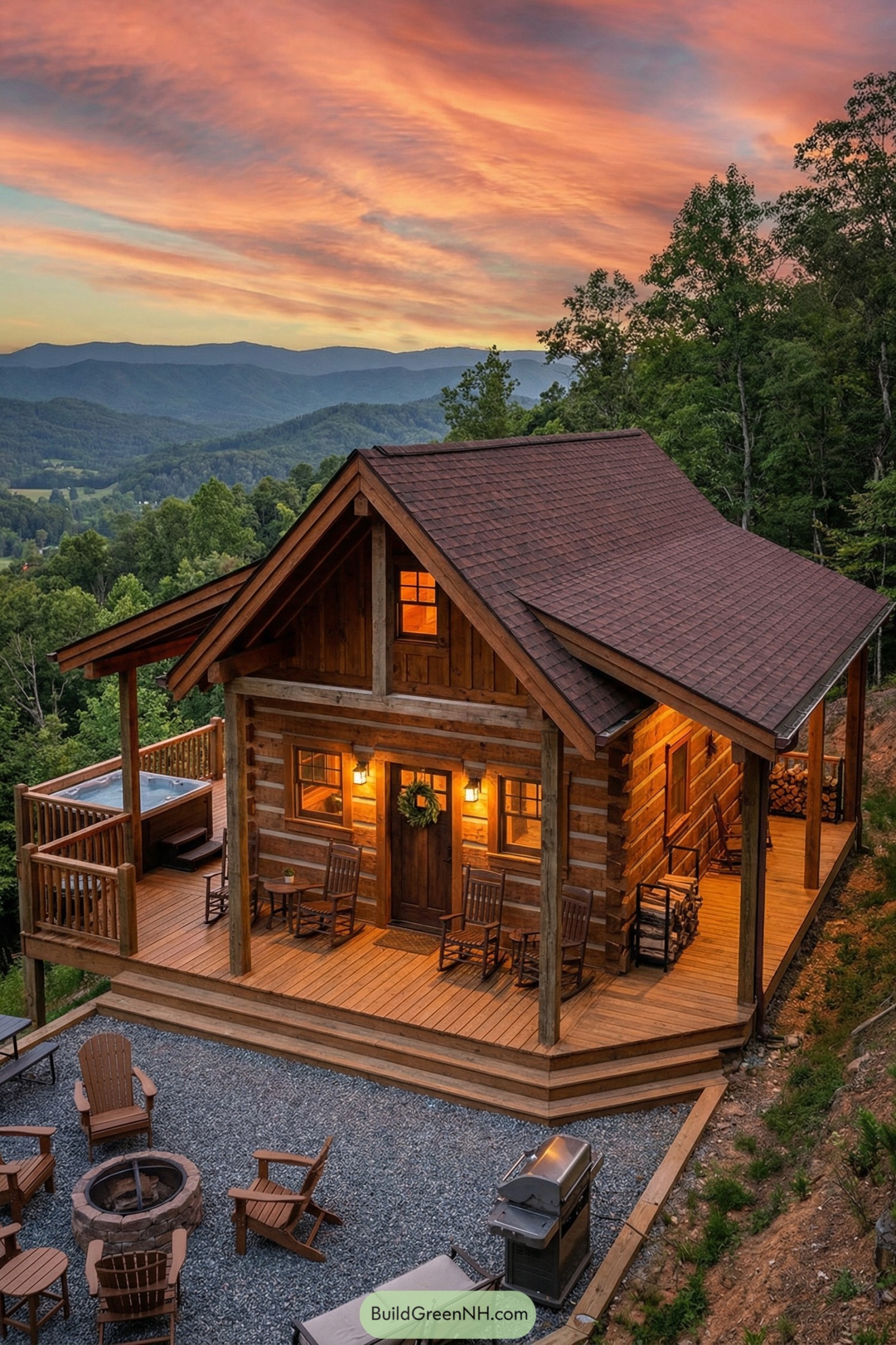 Cozy timber cabin with wraparound deck, hot tub, and firepit terrace overlooking layered mountain hills at sunset