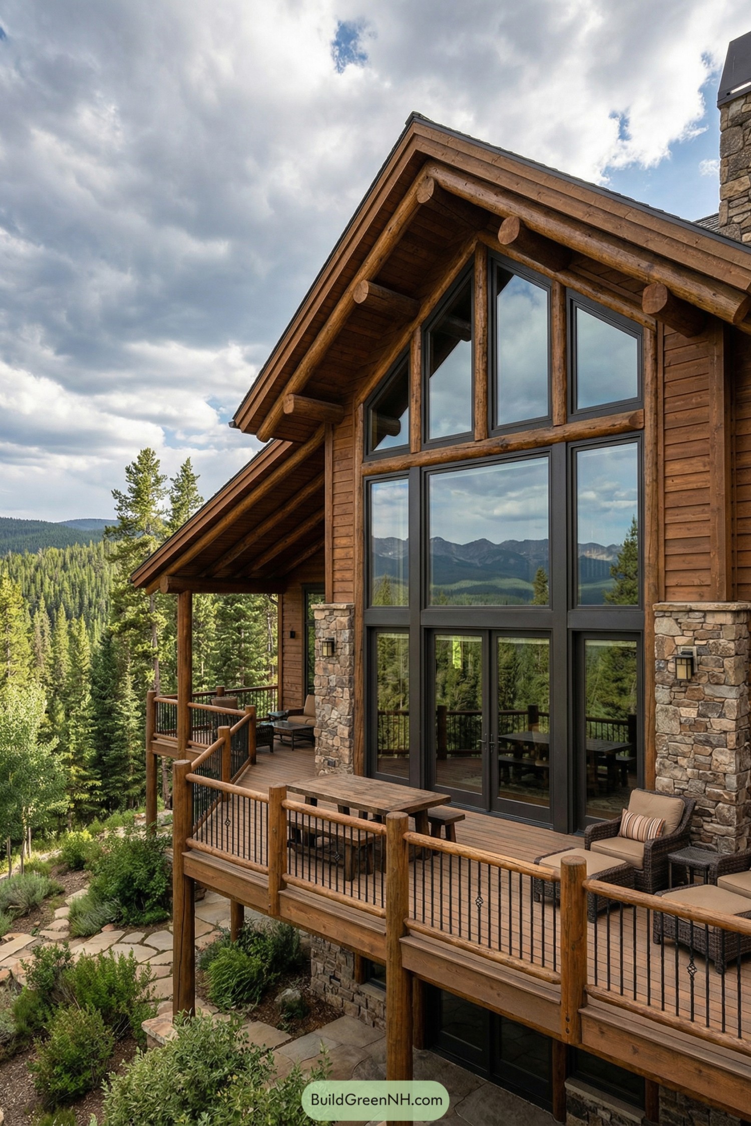 Wood and stone mountain house with large glass façade and wraparound deck