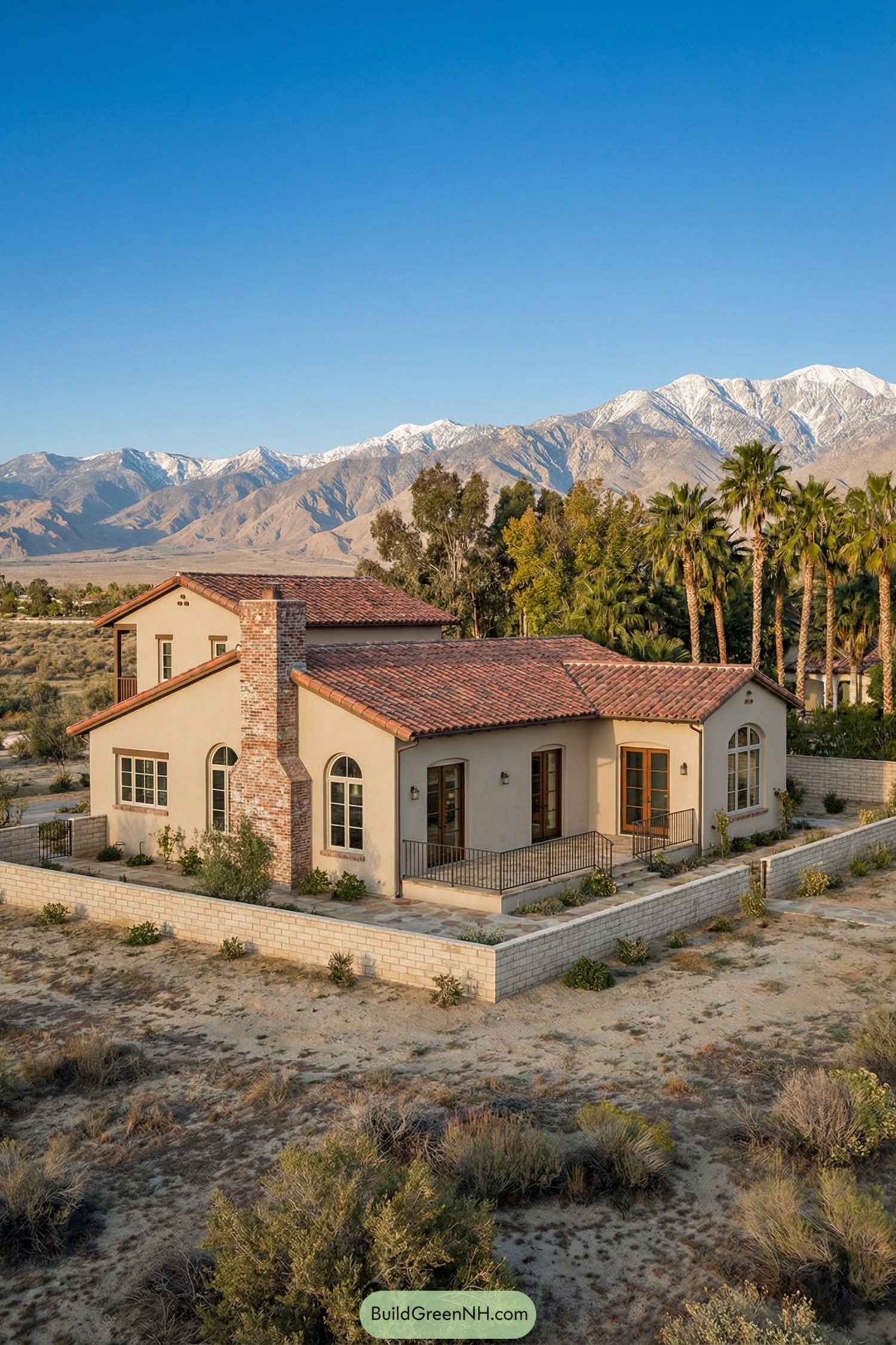 Stucco mountain-view home with red tile roof, brick chimney, and walled patios in a desert landscape