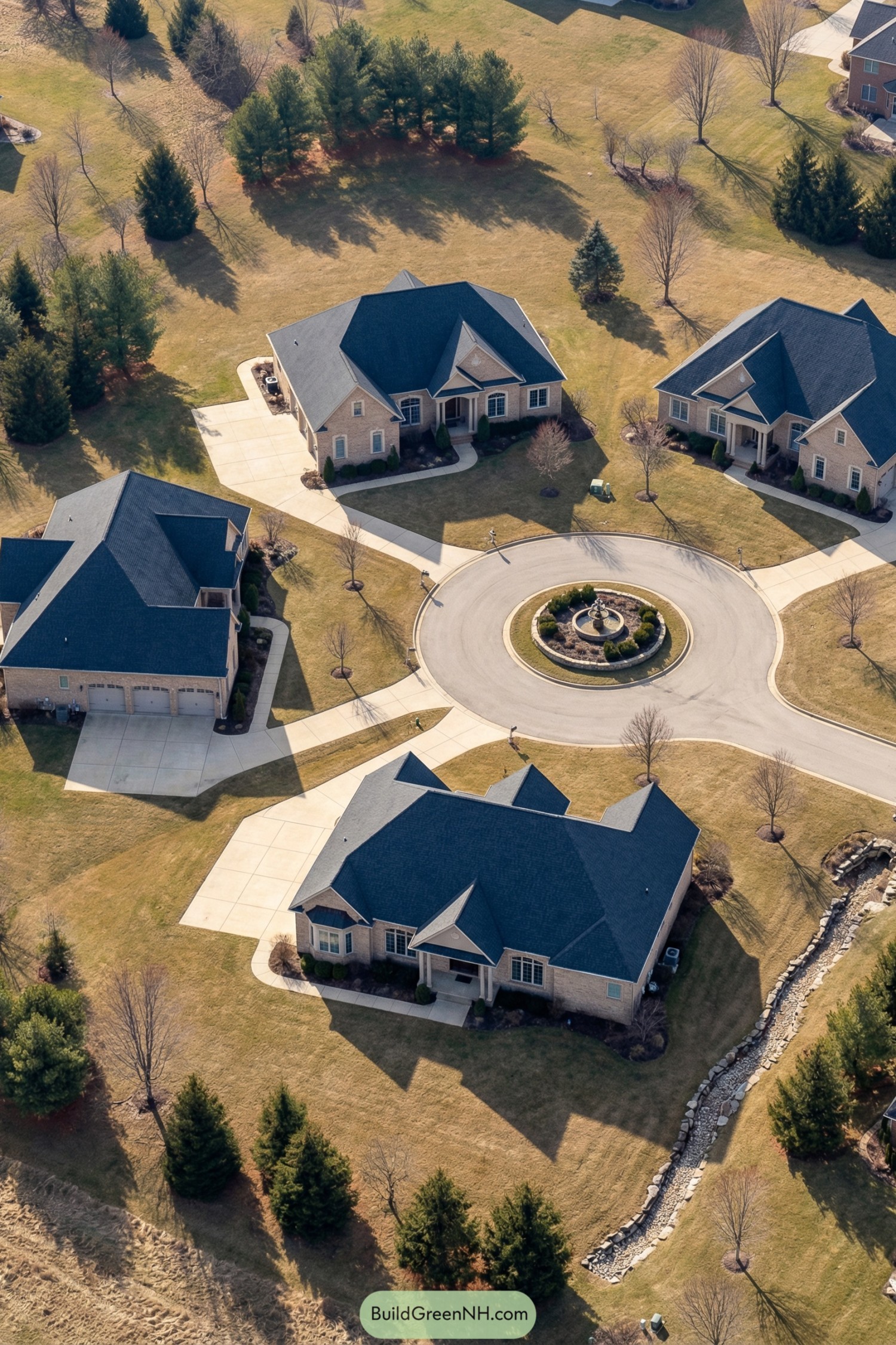 Aerial view of four large homes arranged around a landscaped cul-de-sac with a central fountain