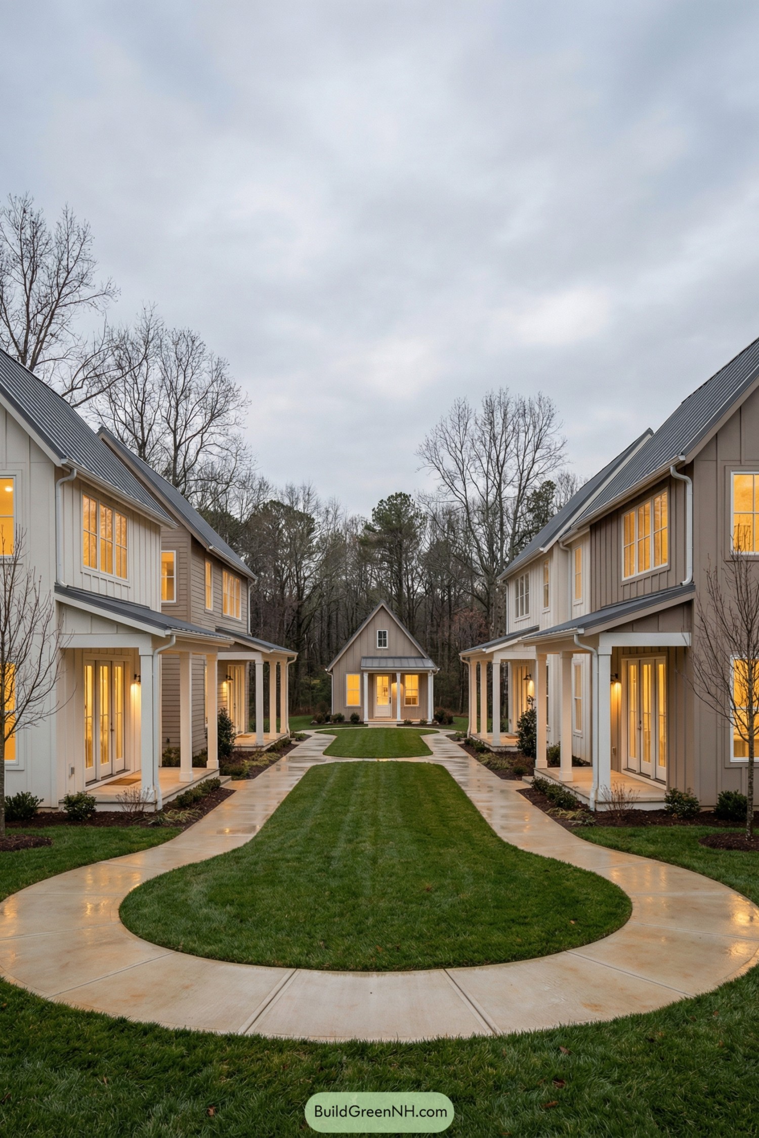 Modern farmhouse cottages lining a shared green lawn with a curved walkway and a small cottage centered at the end