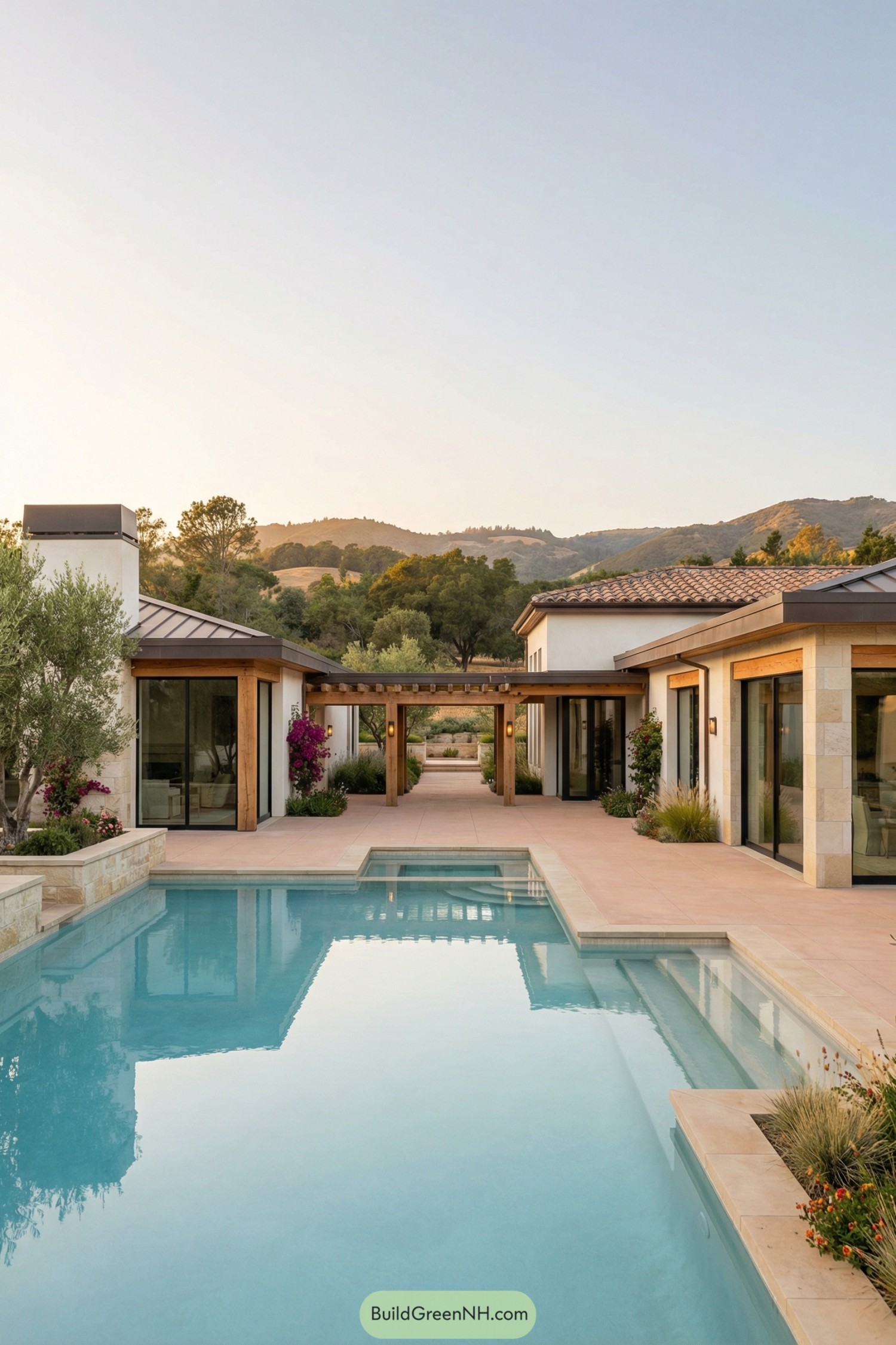 Modern courtyard home with long central pool, pergola walkway, and hills in background