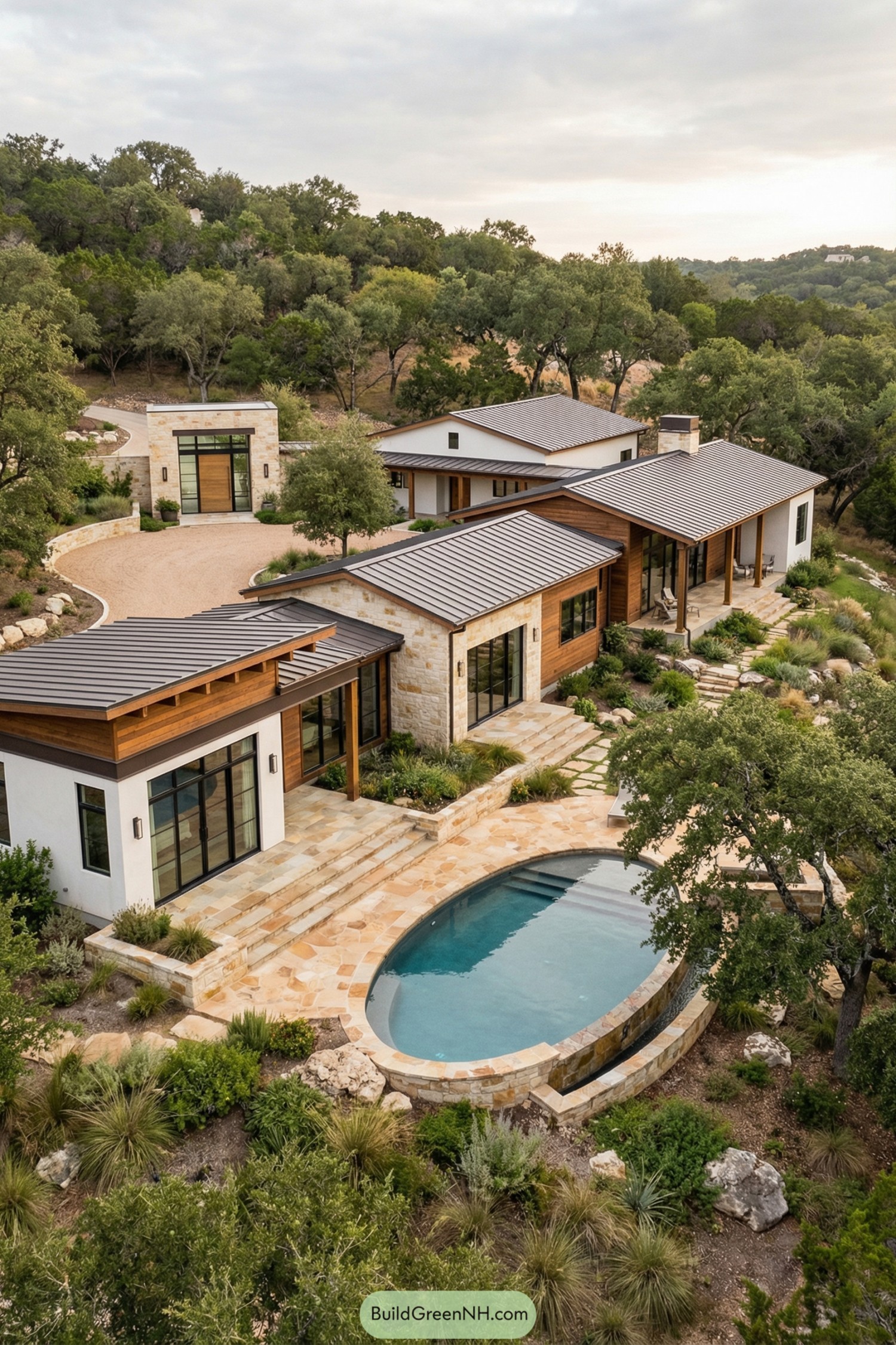 Aerial view of a terraced multi-building home with an oval pool tucked into a wooded hillside