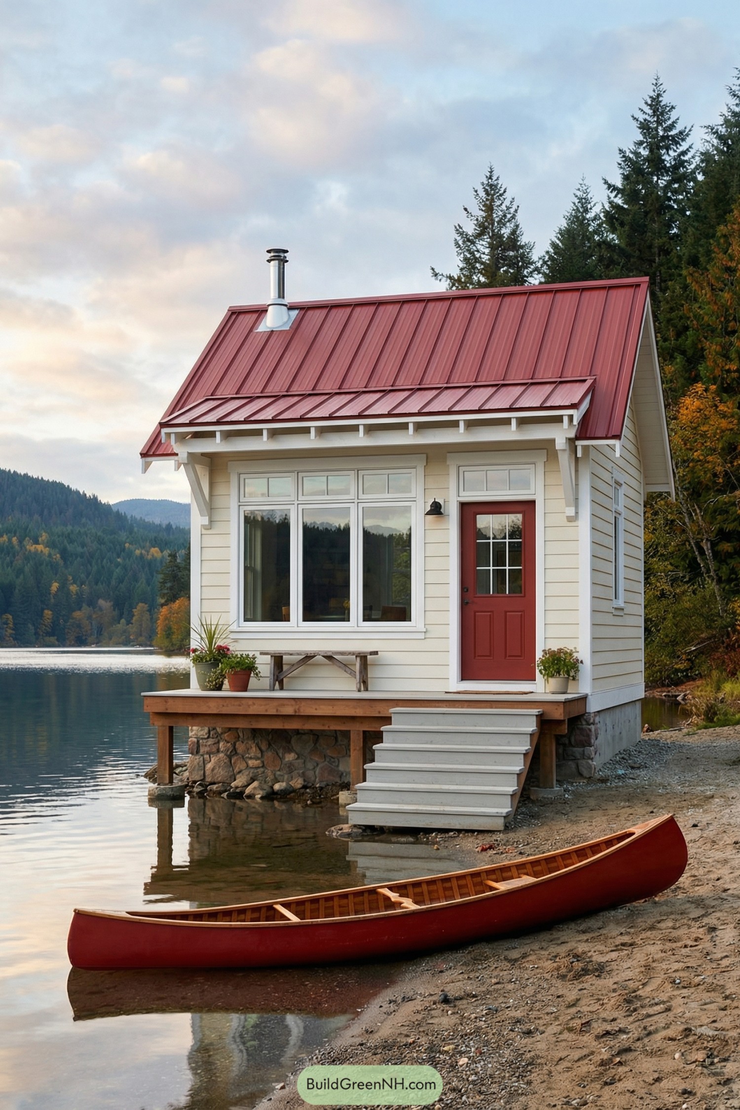 Small cream siding tiny house with red metal roof and porch sitting right at the lake edge