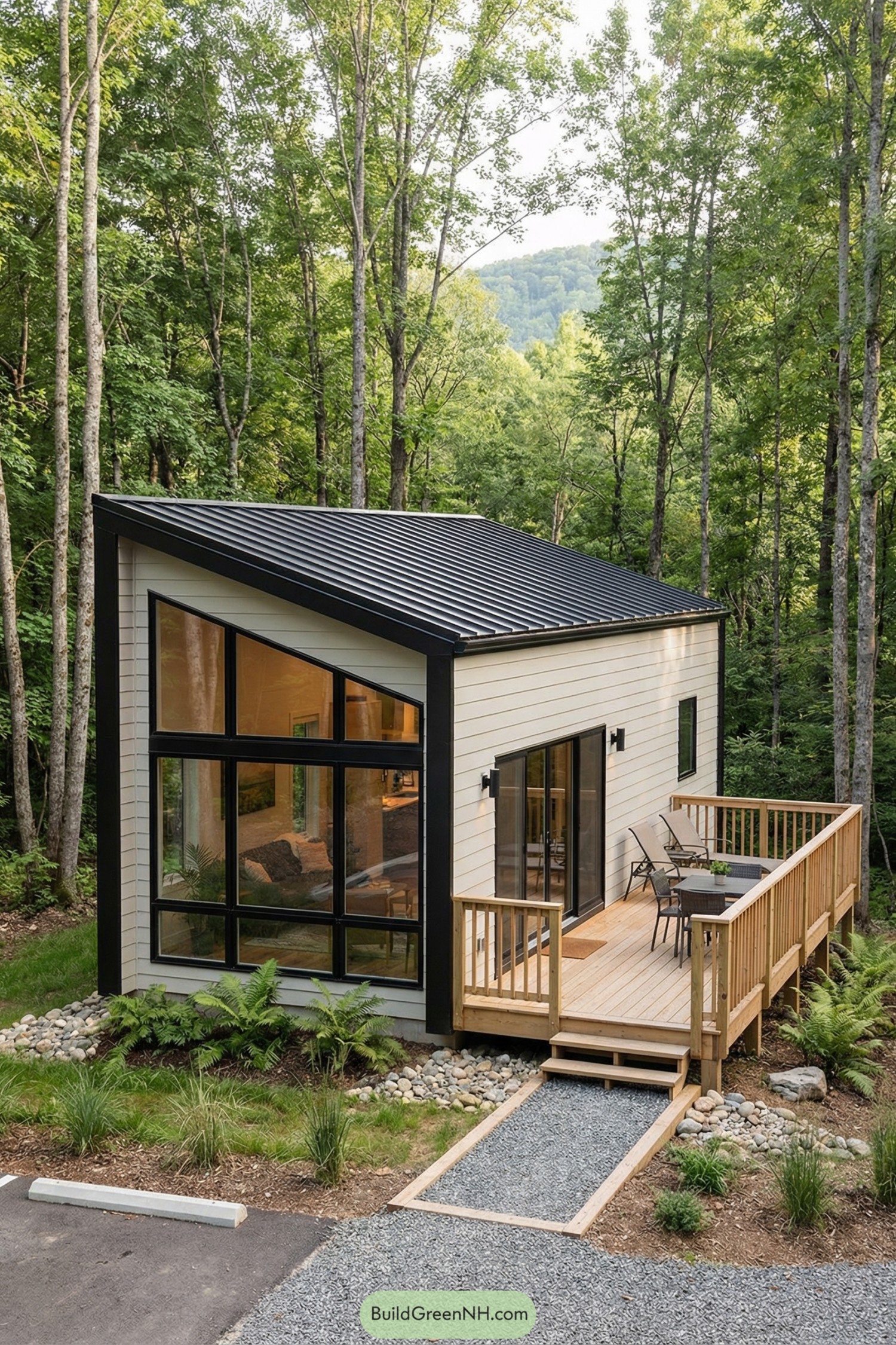 high-res photo of One Room Tiny House, compact modern-cabin facade with clean lines and large openings, exterior in light warm off-white siding with black trim accents, simple rectangular volume with slightly elevated base and straight walls, cladding in smooth horizontal wood or fiber-cement boards, dark charcoal standing-seam metal shed roof with a single high slope and minimal overhangs, expansive black-framed floor-to-ceiling window wall on the main facade facing a forest, additional asymmetrical clerestory window band high under the roofline, smaller square and rectangular windows scattered on the side walls with consistent dark frames, wide black-framed sliding glass door opening to the exterior deck, minimalist solid entry door on the side with matching dark finish and slim vertical window, wooden wraparound deck in natural light timber with simple vertical post-and-rail guardrails, compact outdoor dining set and lounge chairs arranged on the deck, narrow gravel and timber step path leading from a small parking pad to the deck, naturalistic landscaping with low native grasses, ferns, and scattered rocks around the foundation, tall slender deciduous trees closely surrounding the house creating a dense green backdrop, soft dappled daylight filtering through the foliage, distant forested hillside barely visible beyond the trees, calm woodland setting styled for a picture-perfect forest retreat, real-life photo, high-resolution, architectural photography, soft lighting, cinematic composition.