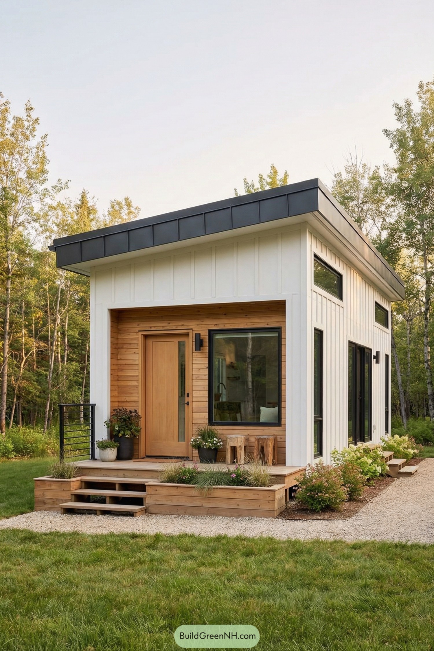Small modern tiny house with white siding, wood accents, and a compact front porch in a forest clearing