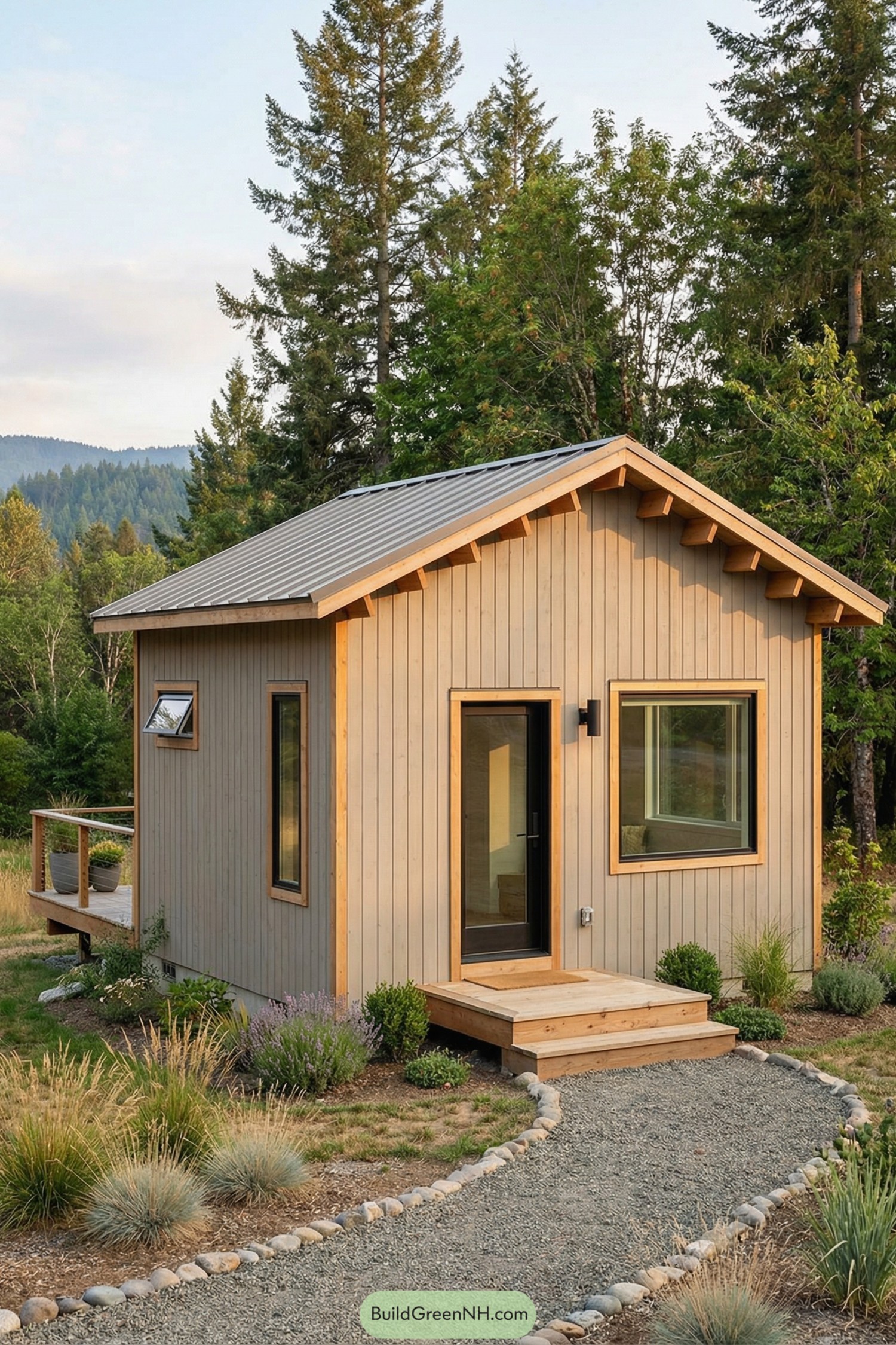 Small beige wood tiny house with metal gable roof, large windows, and a gravel path through simple landscaping