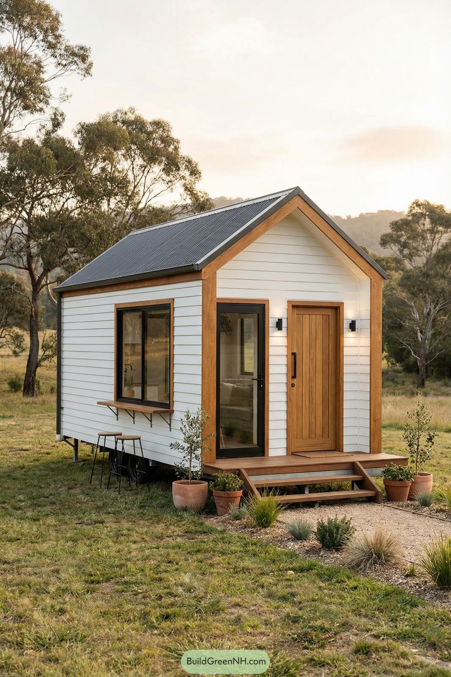 Compact white tiny house with wood trim, front porch, and bar window set in a grassy field