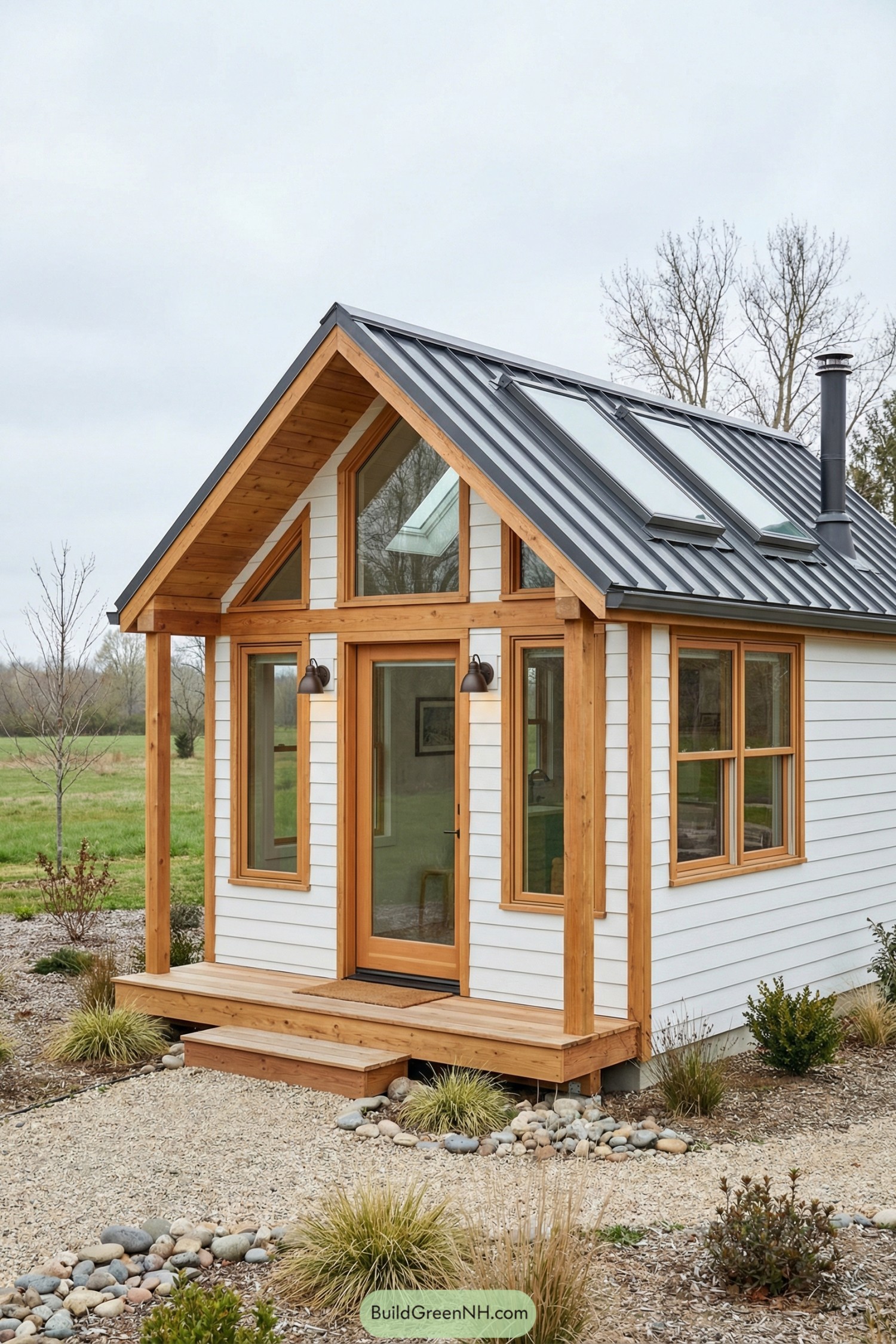 Compact white tiny house with wood trim, metal roof, skylights, and small front porch