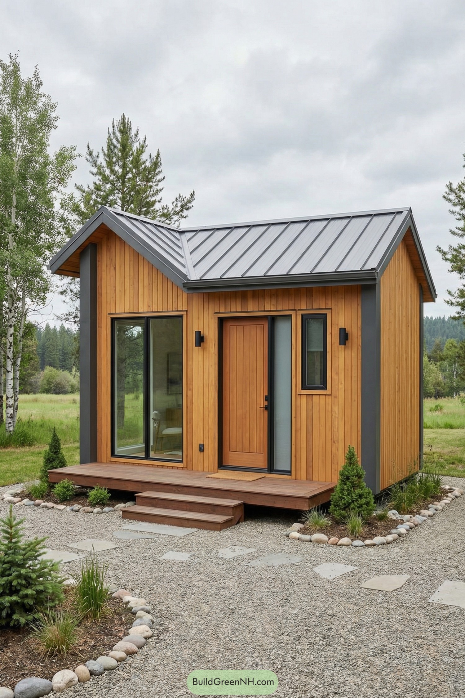 Compact cedar tiny house with metal roof and entry deck