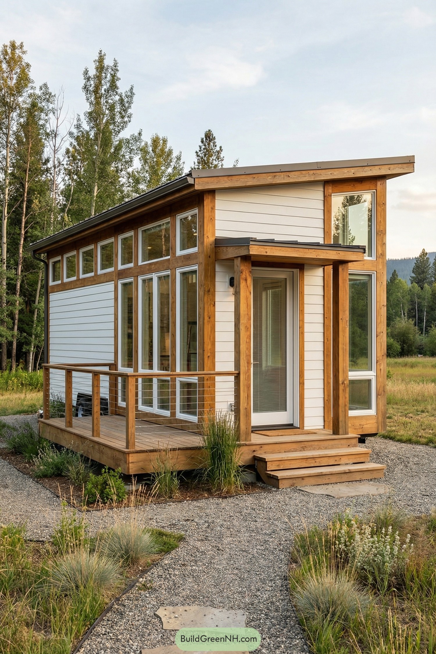 Modern tiny house with tall windows, wood trim, and wraparound deck set in a grassy meadow