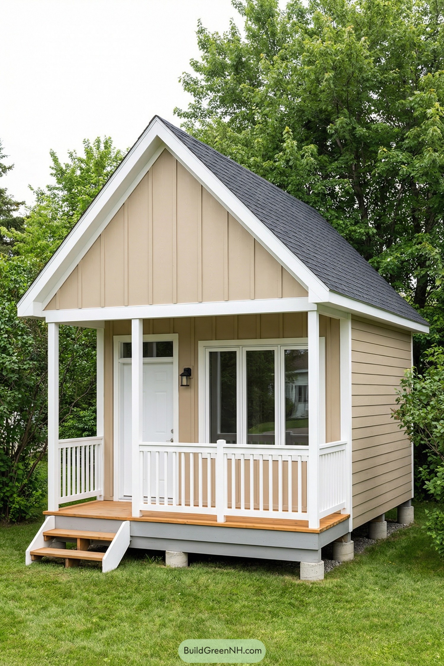 Small tan tiny house with white trim and a front porch set on a green lawn
