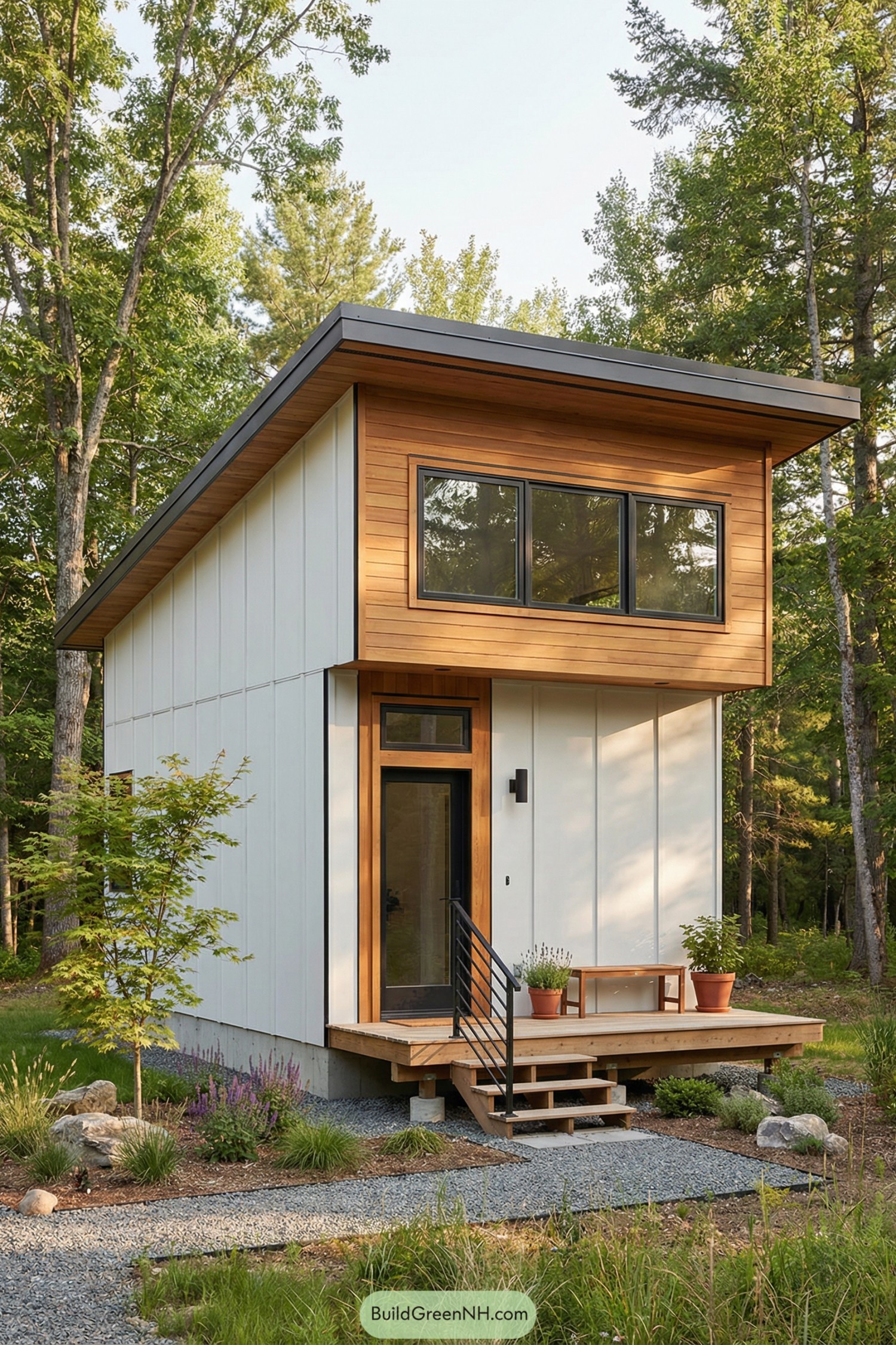 Small modern tiny house with sloped roof deck and large windows set in a wooded clearing
