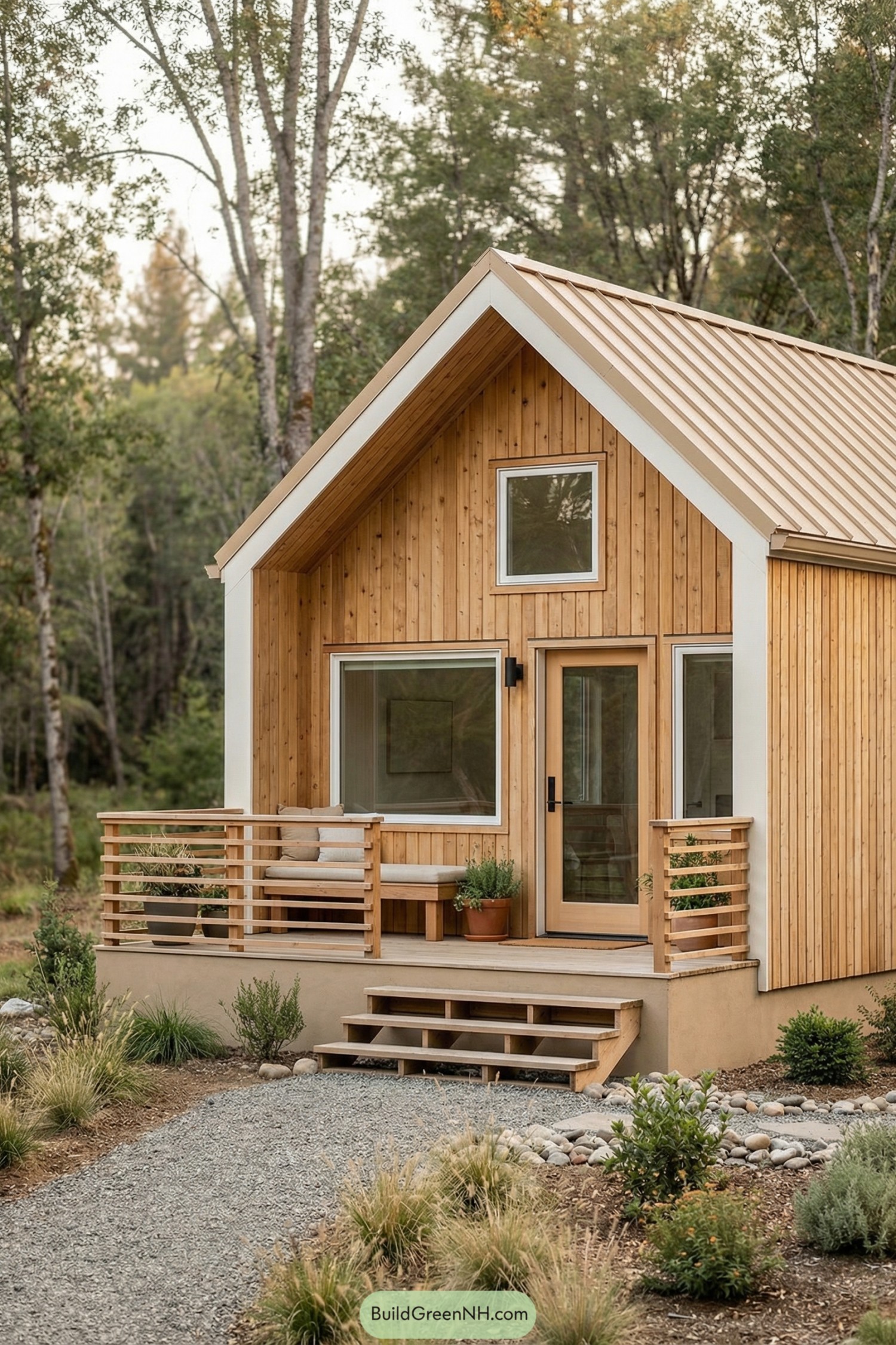 Small wood-clad tiny house with front porch seating and large windows in a forest setting