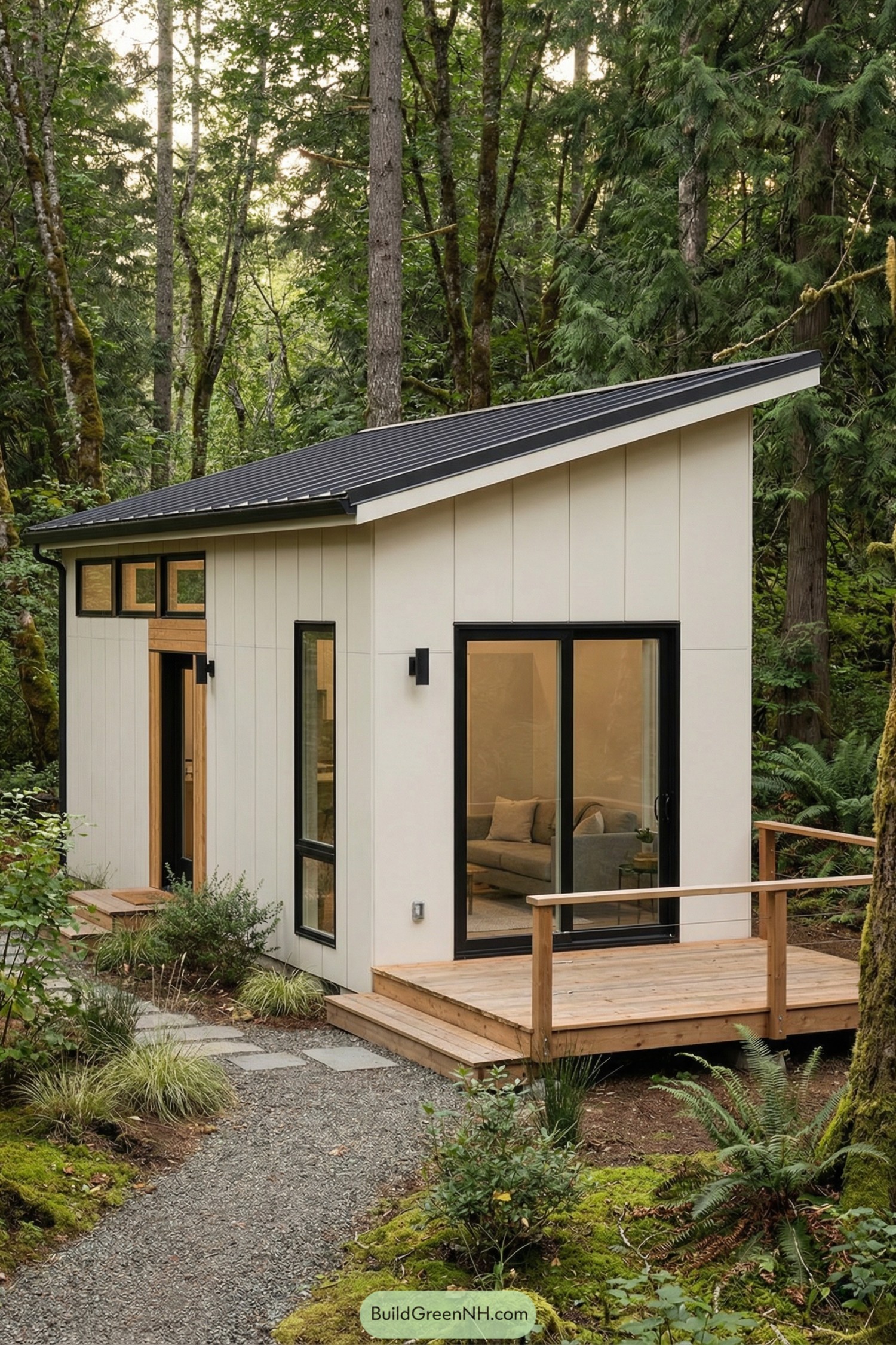Cream-clad tiny house with slanted roof and deck nestled in lush forest
