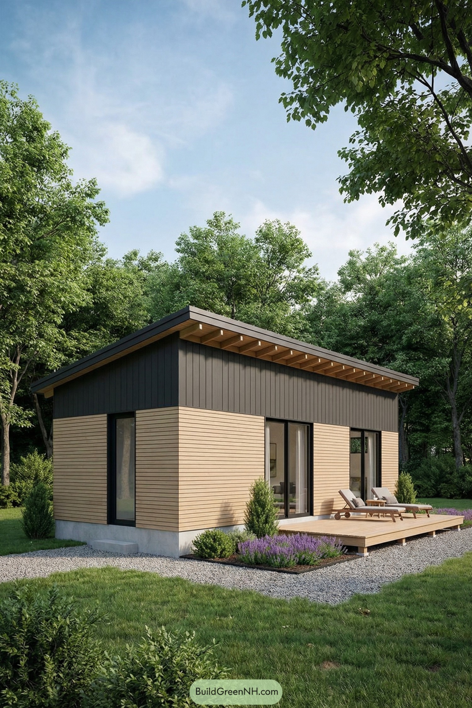 Compact black-and-wood tiny house with deck