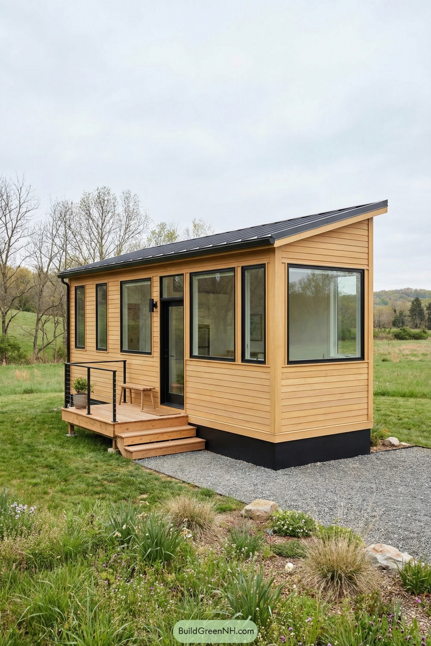 Compact wooden tiny house with large black-trimmed windows, small entry deck, and sloped roof set in a grassy field