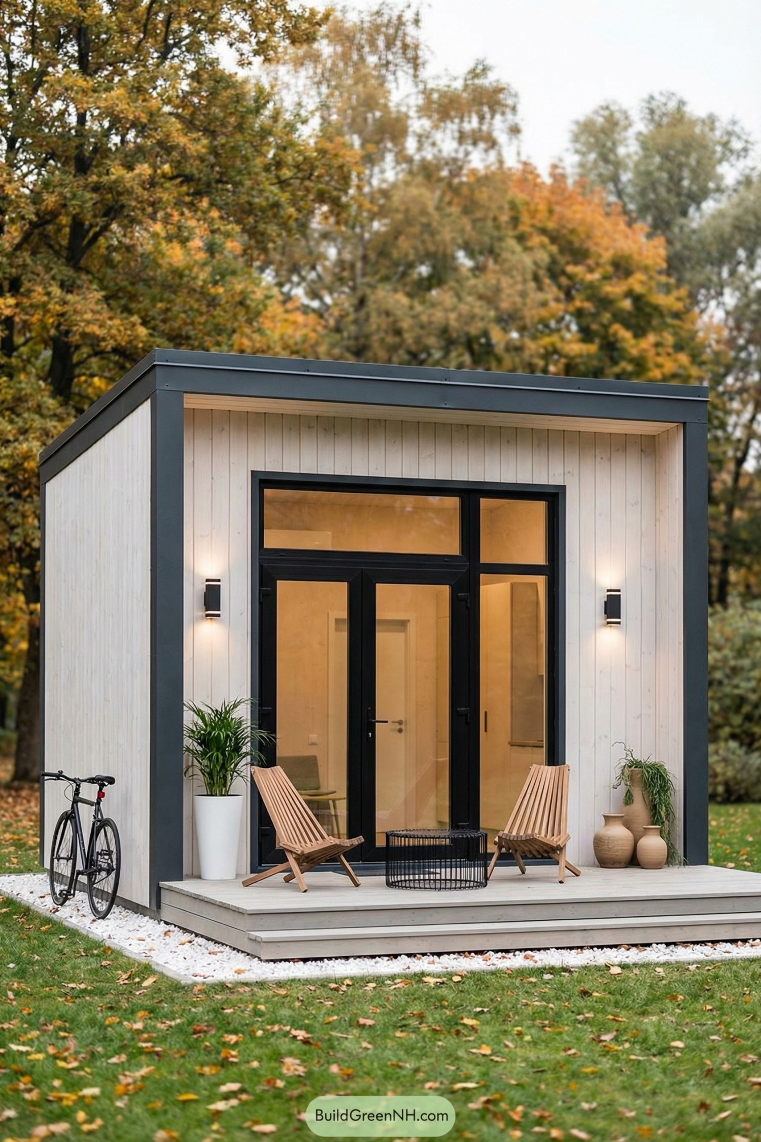 Compact cube-shaped tiny house with front deck, chairs, and large glass doors in an autumn yard
